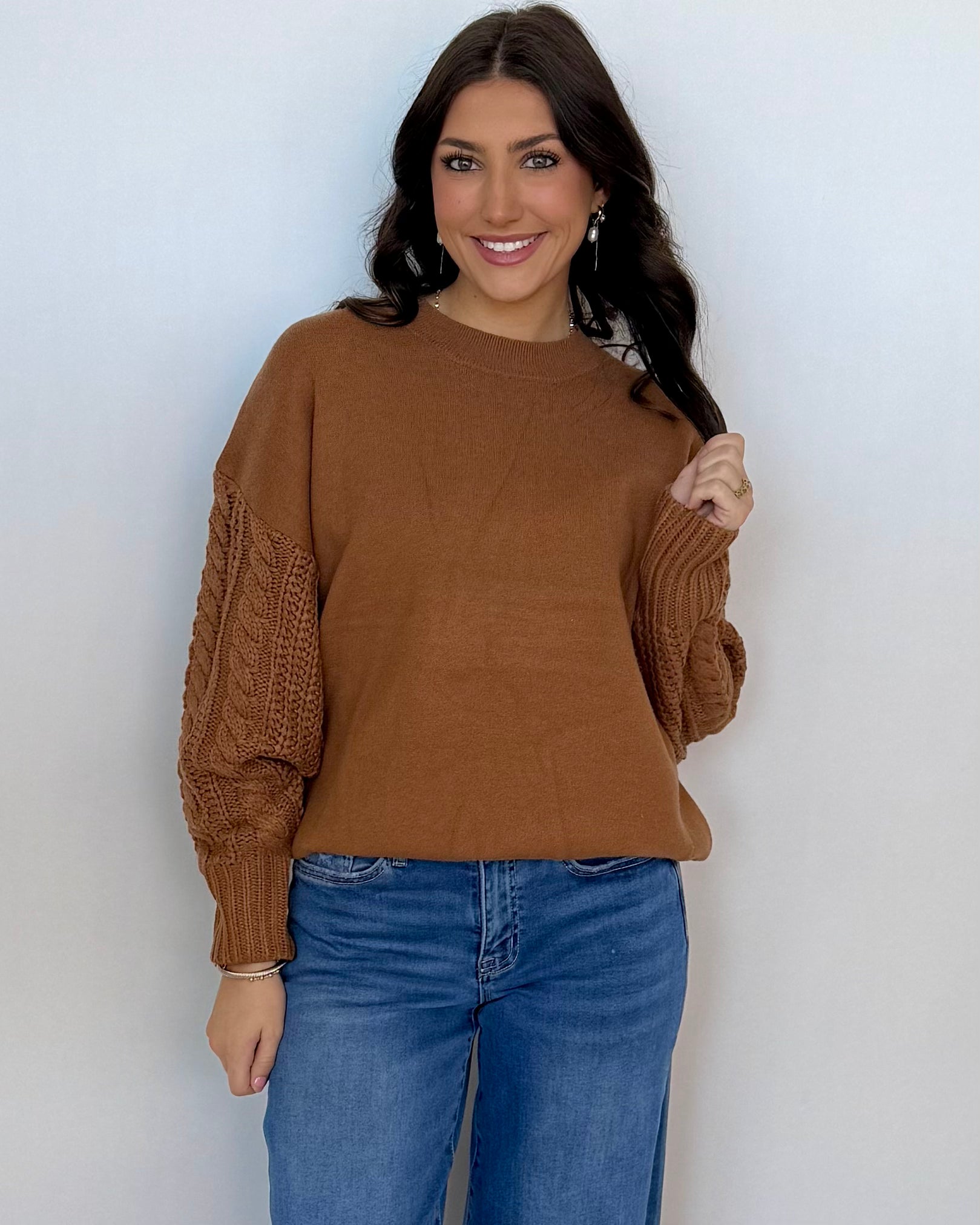 Cabin Morning Deep Camel Knit Sleeve Sweater-Shop-Womens-Boutique-Clothing