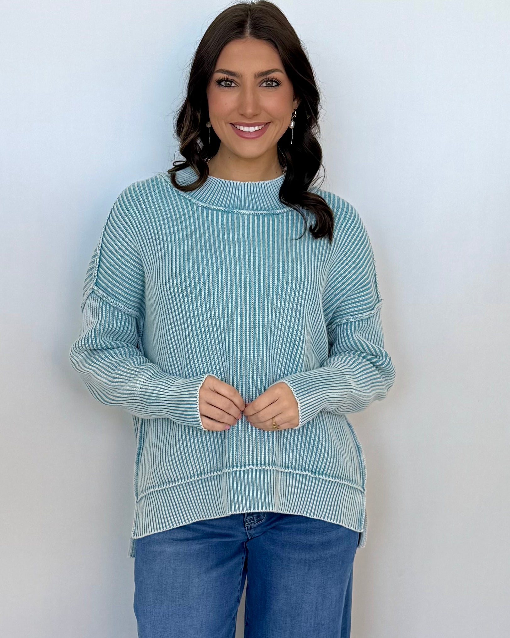 Alpine Comfort Dusty Teal Washed Slit Sweater-Shop-Womens-Boutique-Clothing
