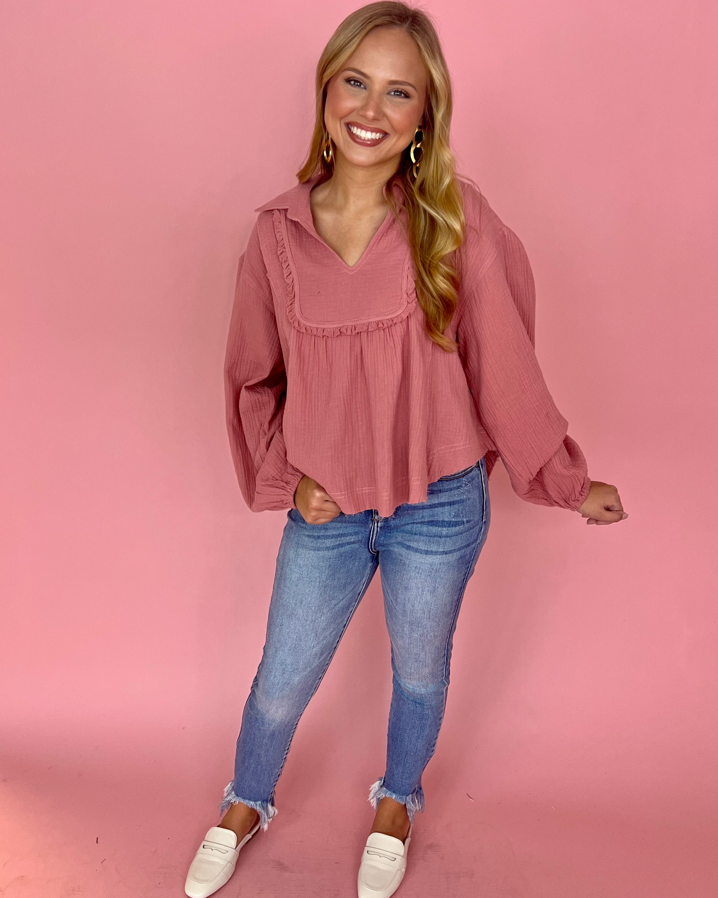 Slowing Down Rose Collared Ruffle Top-Shop-Womens-Boutique-Clothing