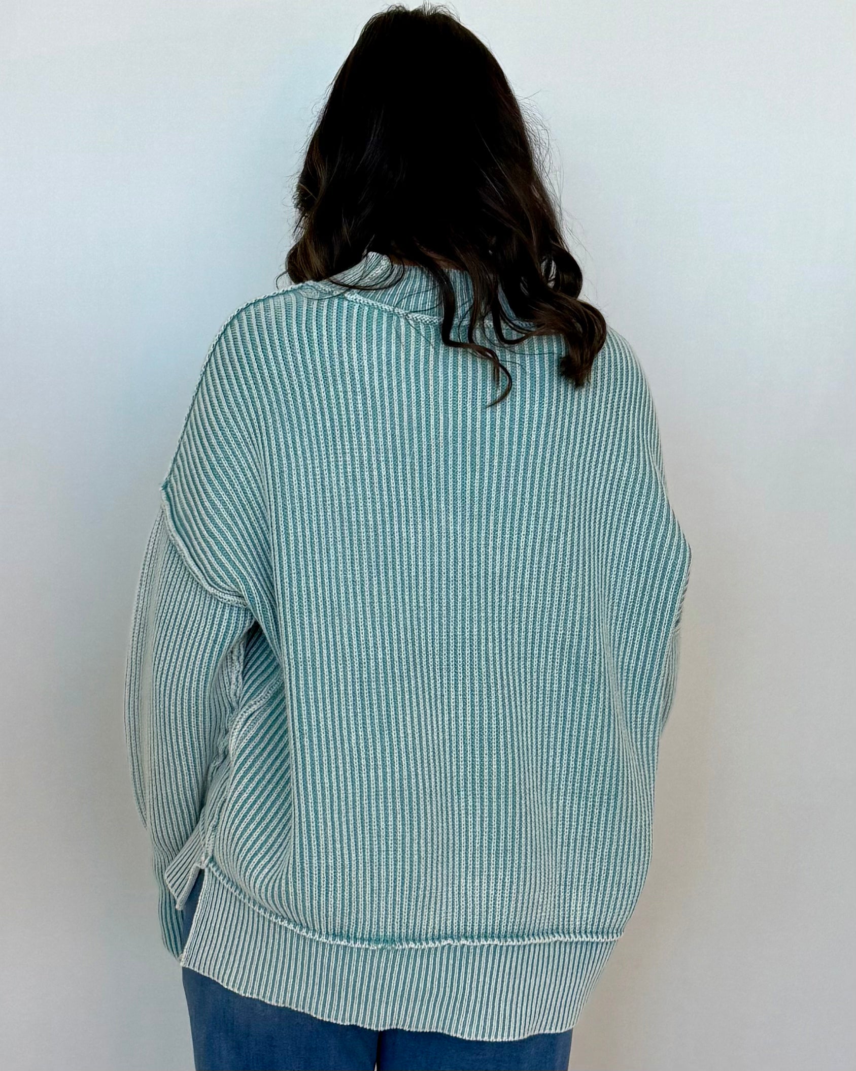 Alpine Comfort Dusty Teal Washed Slit Sweater-Shop-Womens-Boutique-Clothing