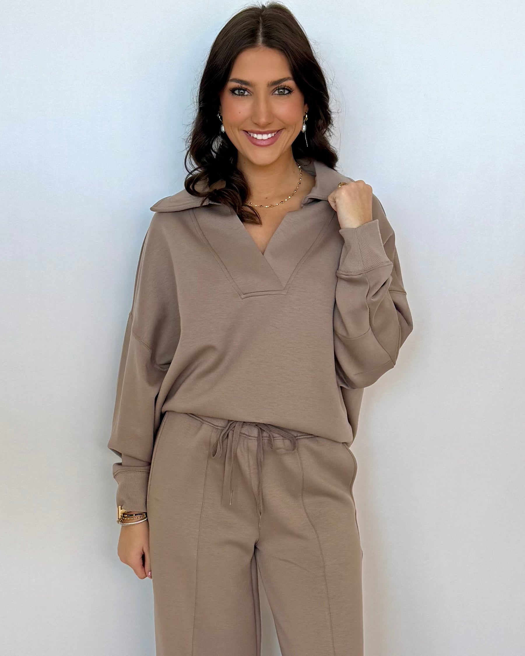 Town Lights Cocoa Scuba Collared Set-Shop-Womens-Boutique-Clothing