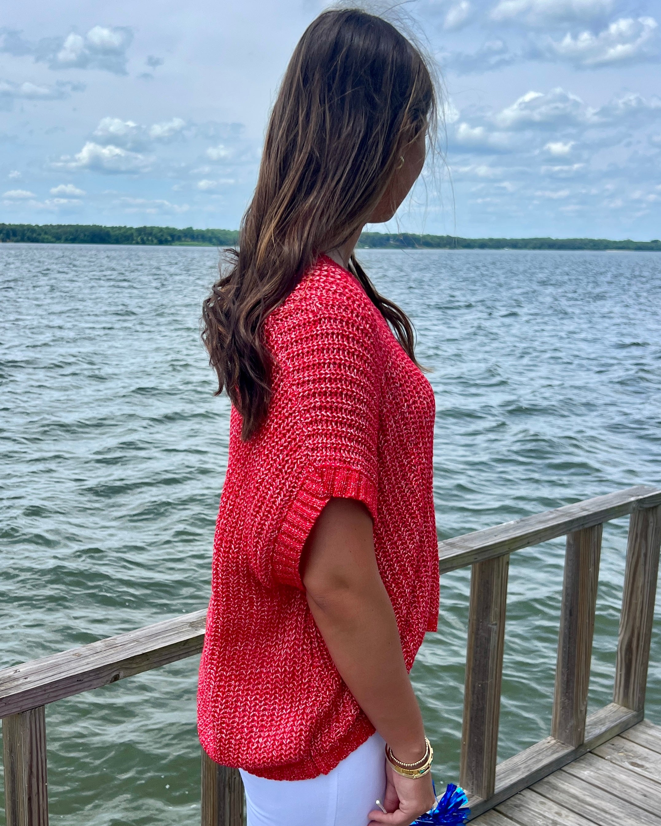 Old School Tomato Red Crochet Sweater-Shop-Womens-Boutique-Clothing