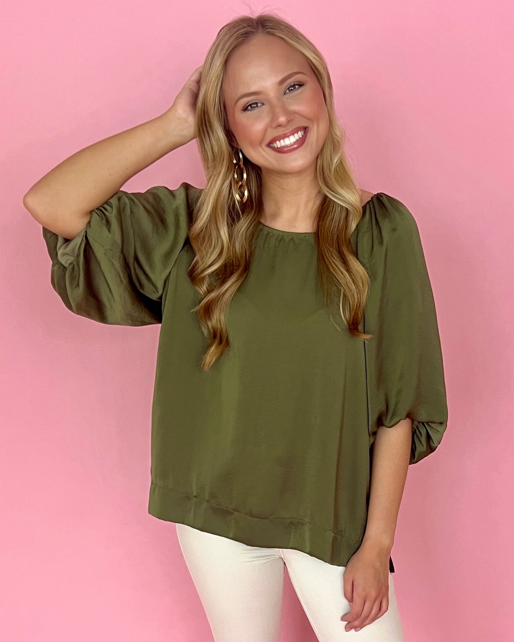 We're Not Done Olive Satin Balloon Sleeve Top-Shop-Womens-Boutique-Clothing