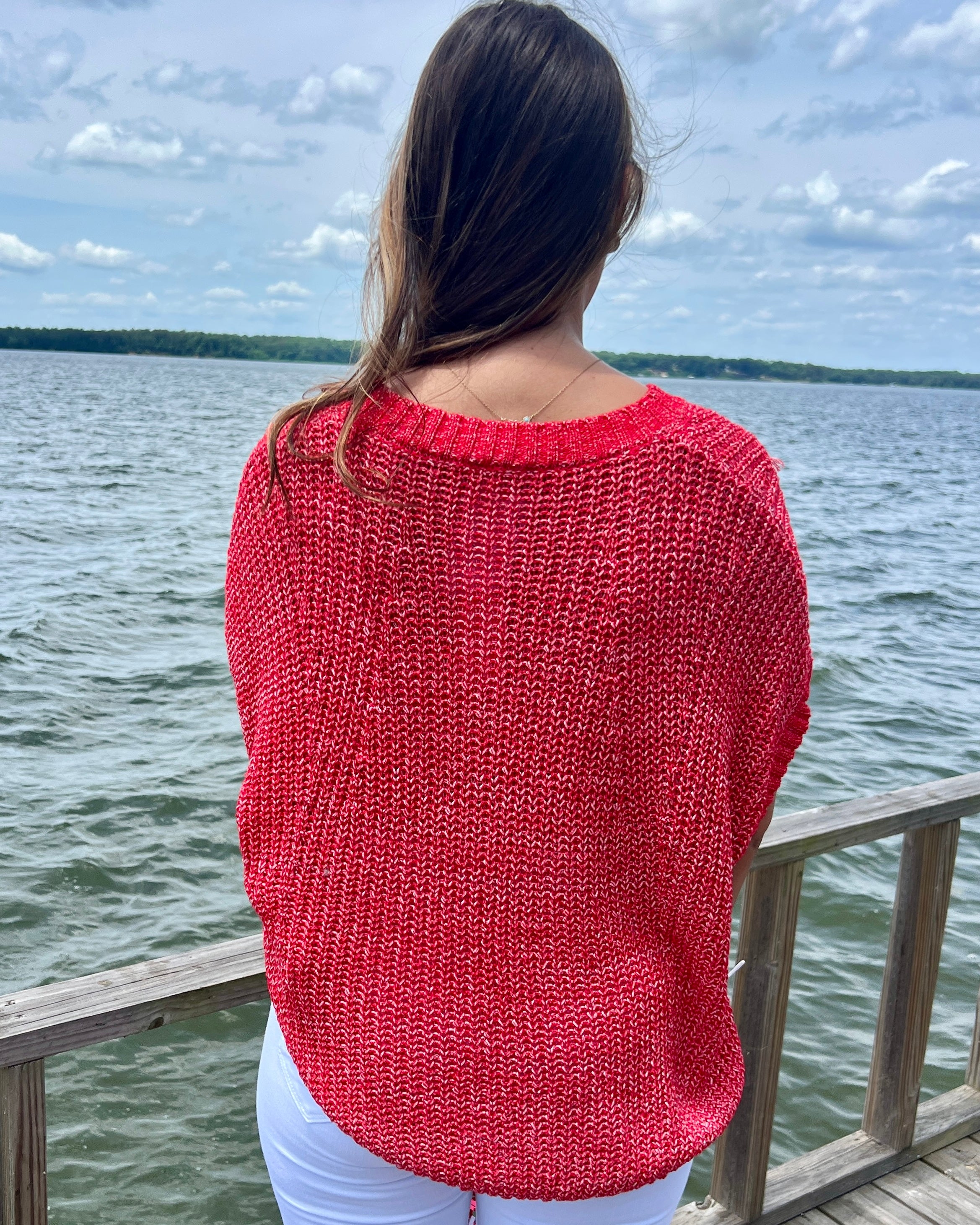 Old School Tomato Red Crochet Sweater-Shop-Womens-Boutique-Clothing