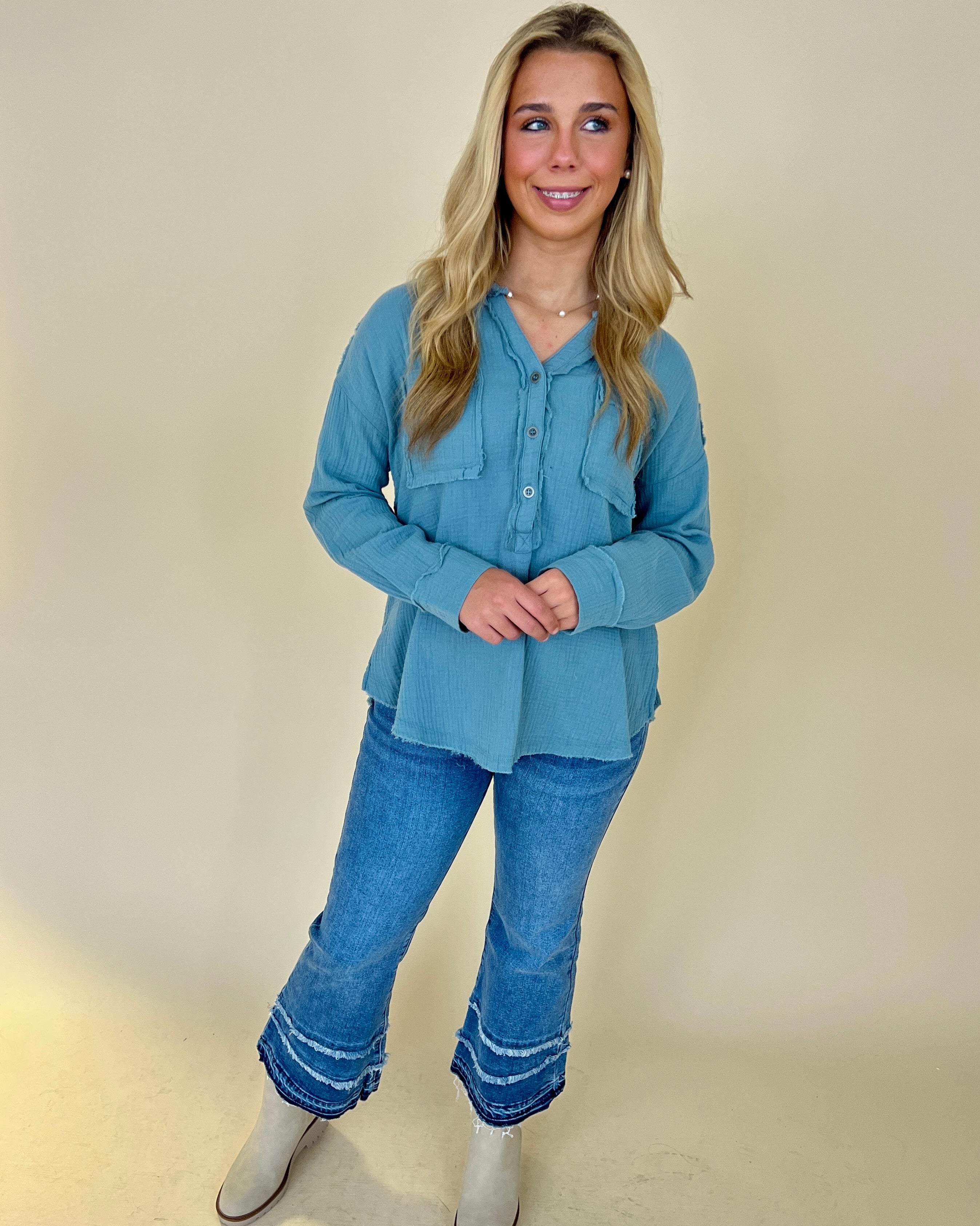Into The Wind Blue Grey Gauze Button Down Top-Shop-Womens-Boutique-Clothing