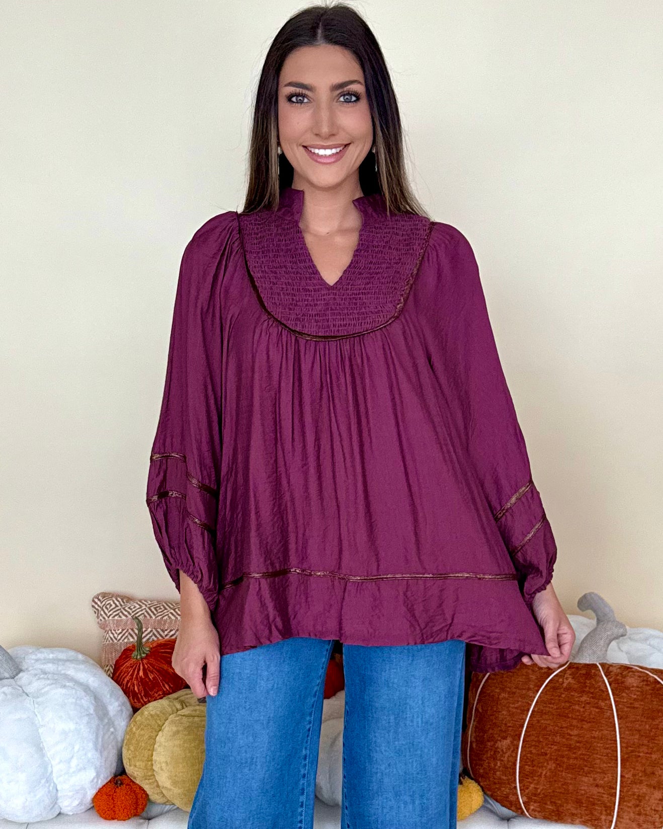 Moment Of Time Merlot Smocked Piping Top-Shop-Womens-Boutique-Clothing