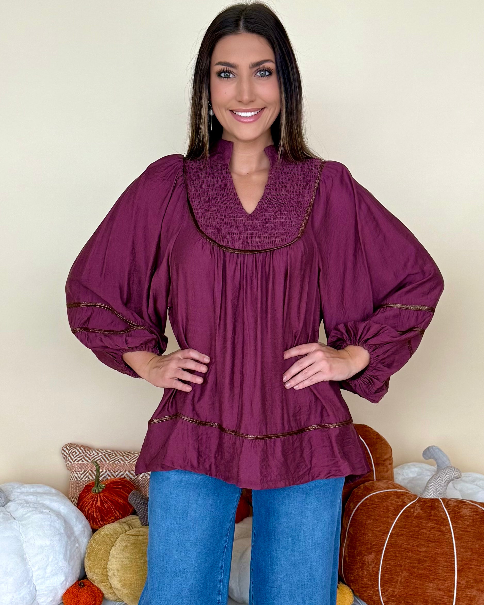 Moment Of Time Merlot Smocked Piping Top-Shop-Womens-Boutique-Clothing