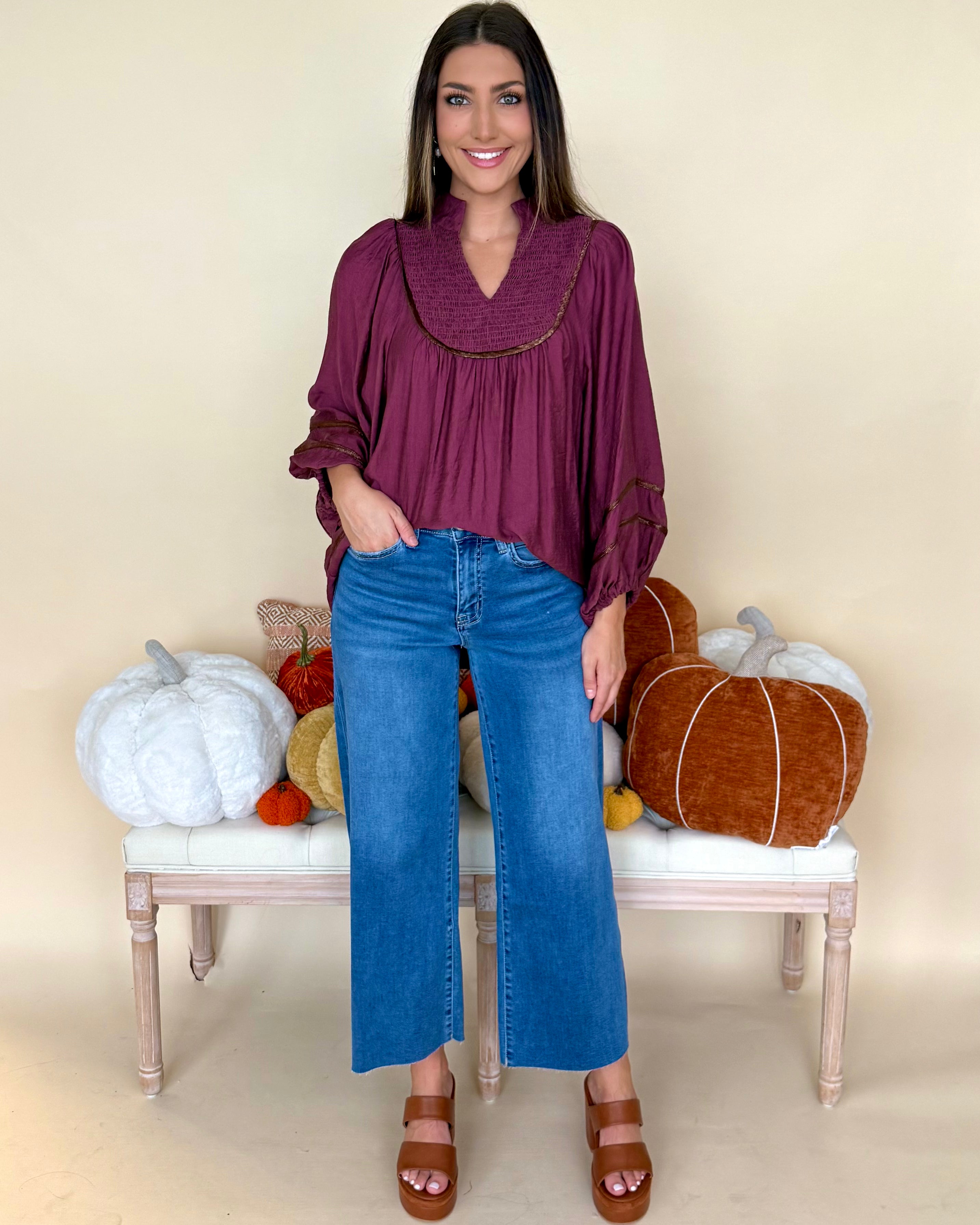 Moment Of Time Merlot Smocked Piping Top-Shop-Womens-Boutique-Clothing