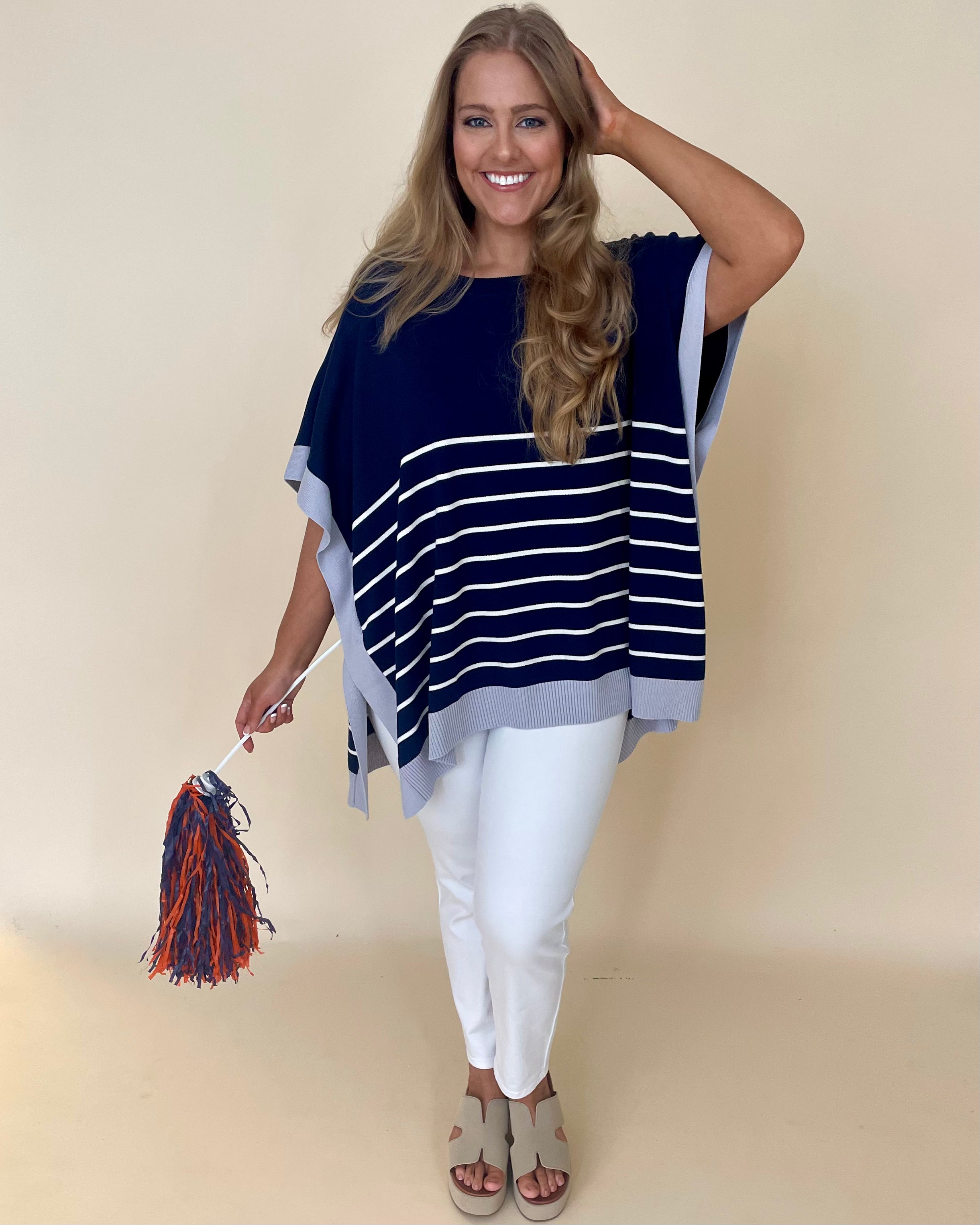 Delightful Navy Plus Striped Poncho-Shop-Womens-Boutique-Clothing