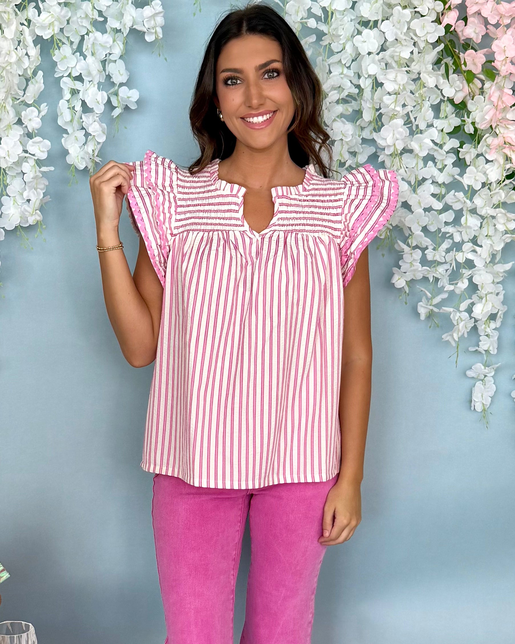 Happy Memories Bubble Pink Striped Ric Rac Sleeve Top-Shop-Womens-Boutique-Clothing