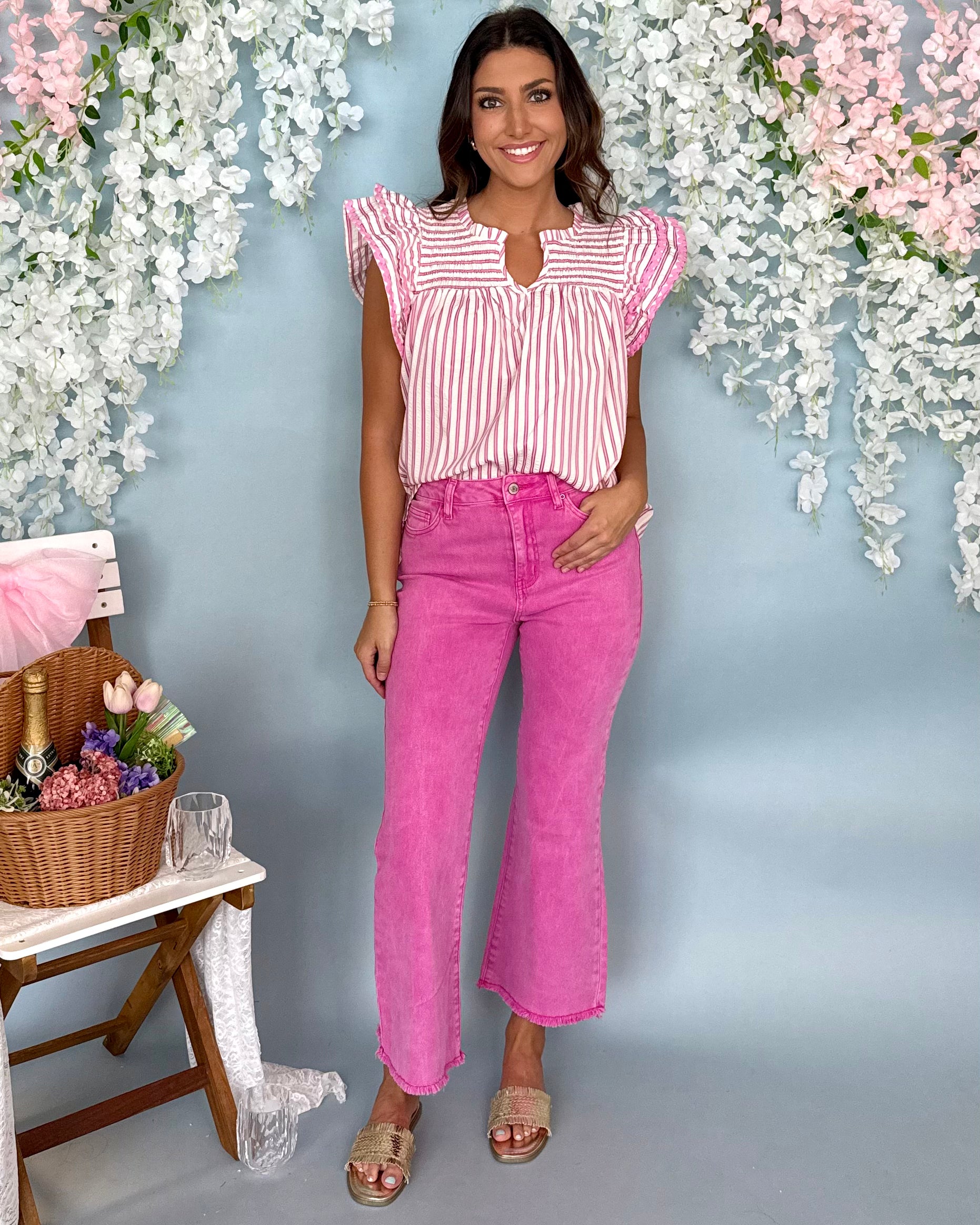Happy Memories Bubble Pink Striped Ric Rac Sleeve Top-Shop-Womens-Boutique-Clothing