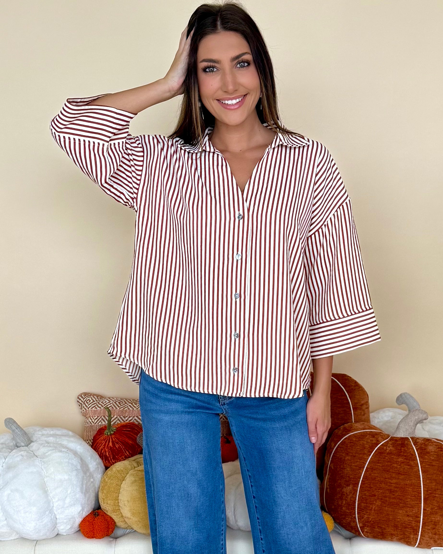 Bottom Line Rust Stripe Collared Top-Shop-Womens-Boutique-Clothing