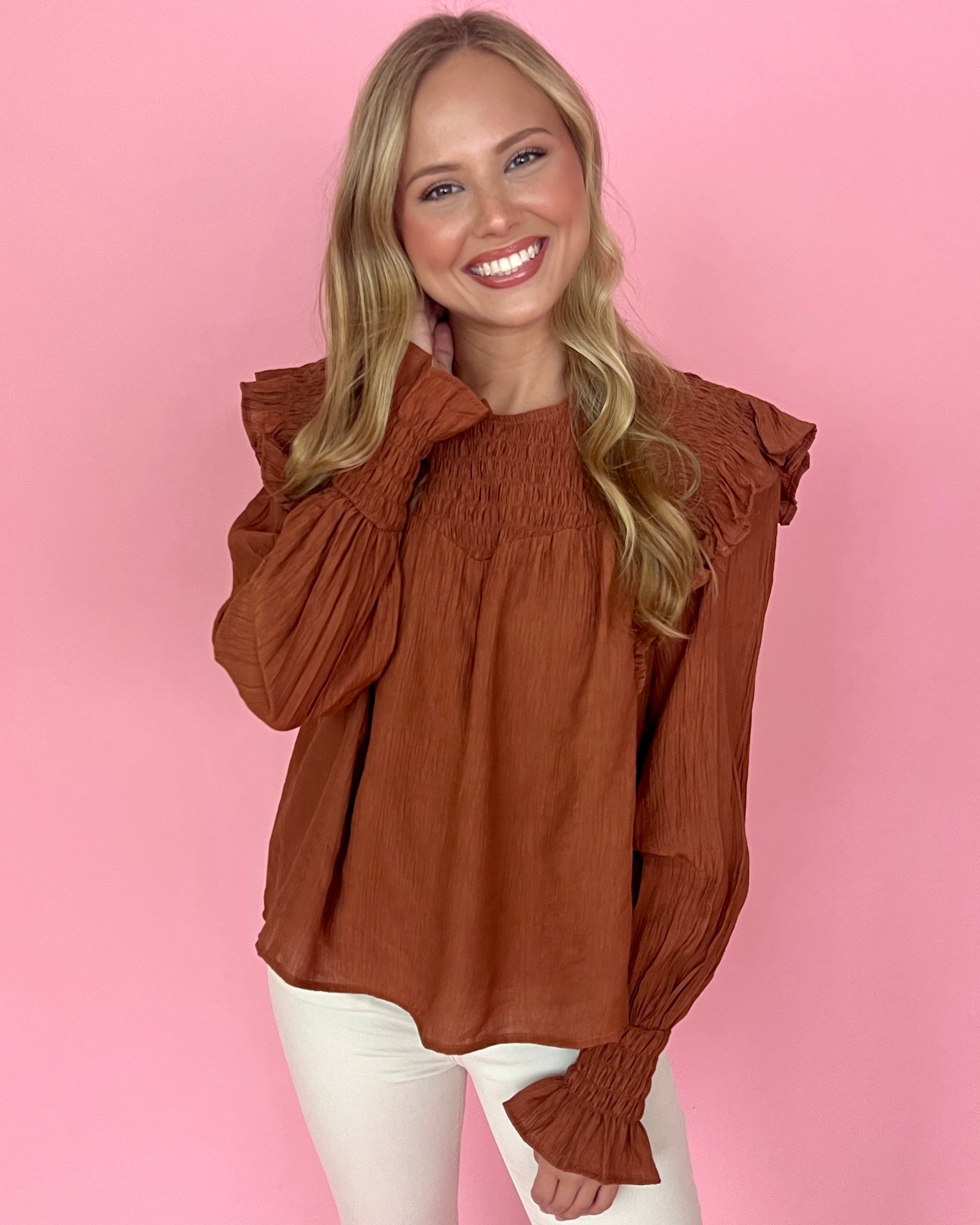 Just This Once Cinnamon Smocked Top-Shop-Womens-Boutique-Clothing