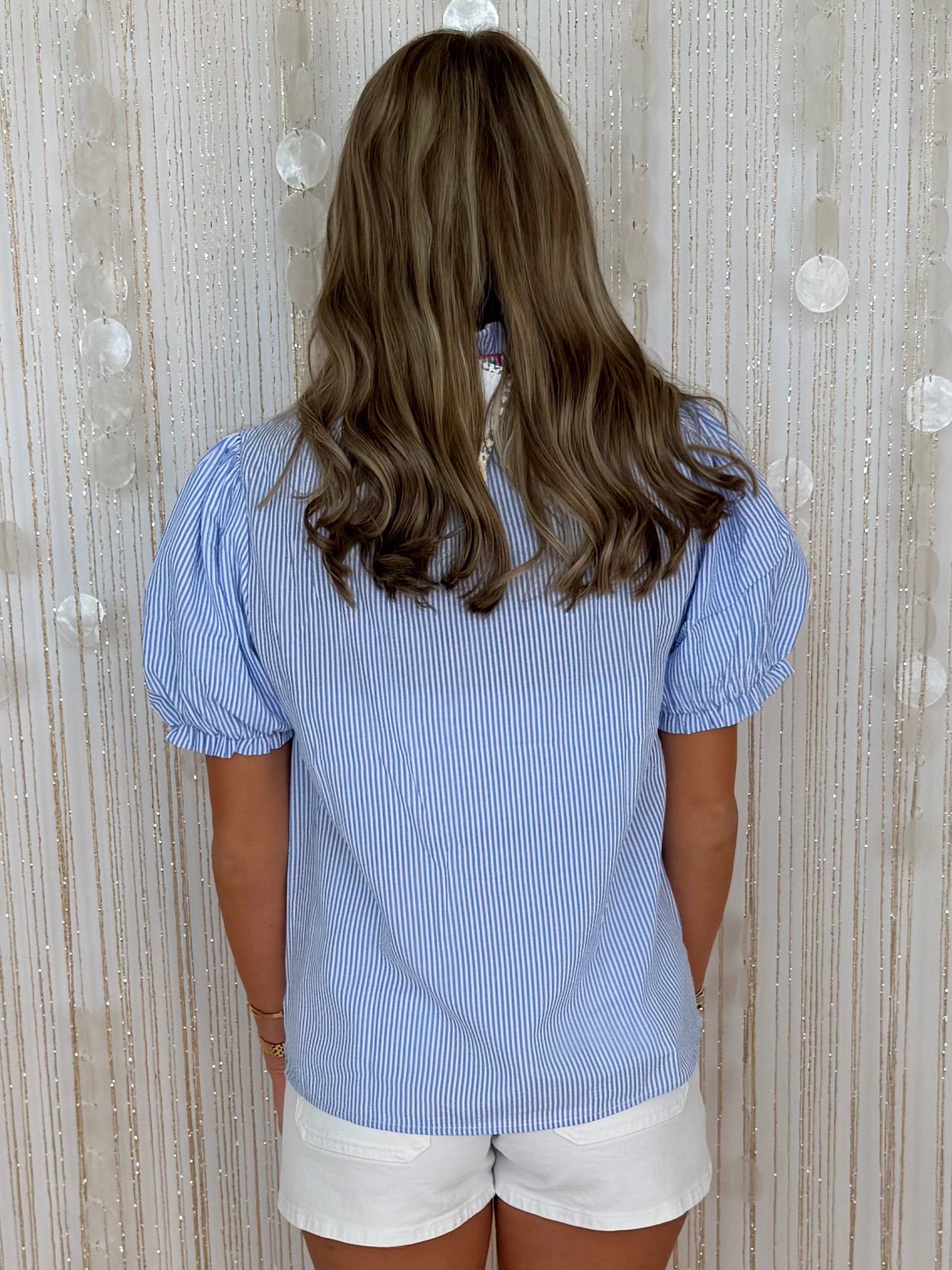 Neon Heat Blue Striped Embroidered Neckline Top-Shop-Womens-Boutique-Clothing