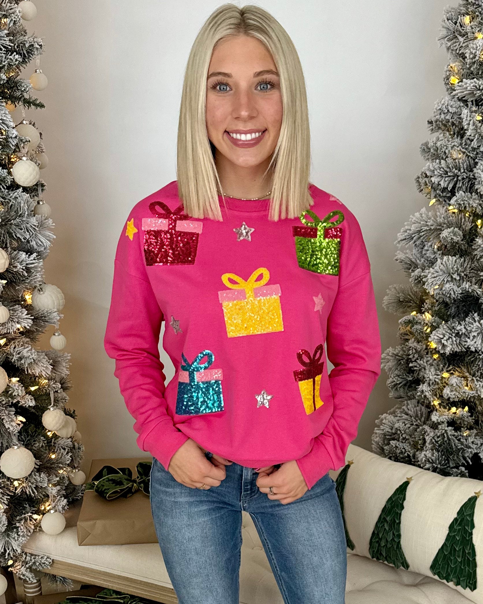 Tied Up Pink Sequin Presents Sweatshirt-Shop-Womens-Boutique-Clothing