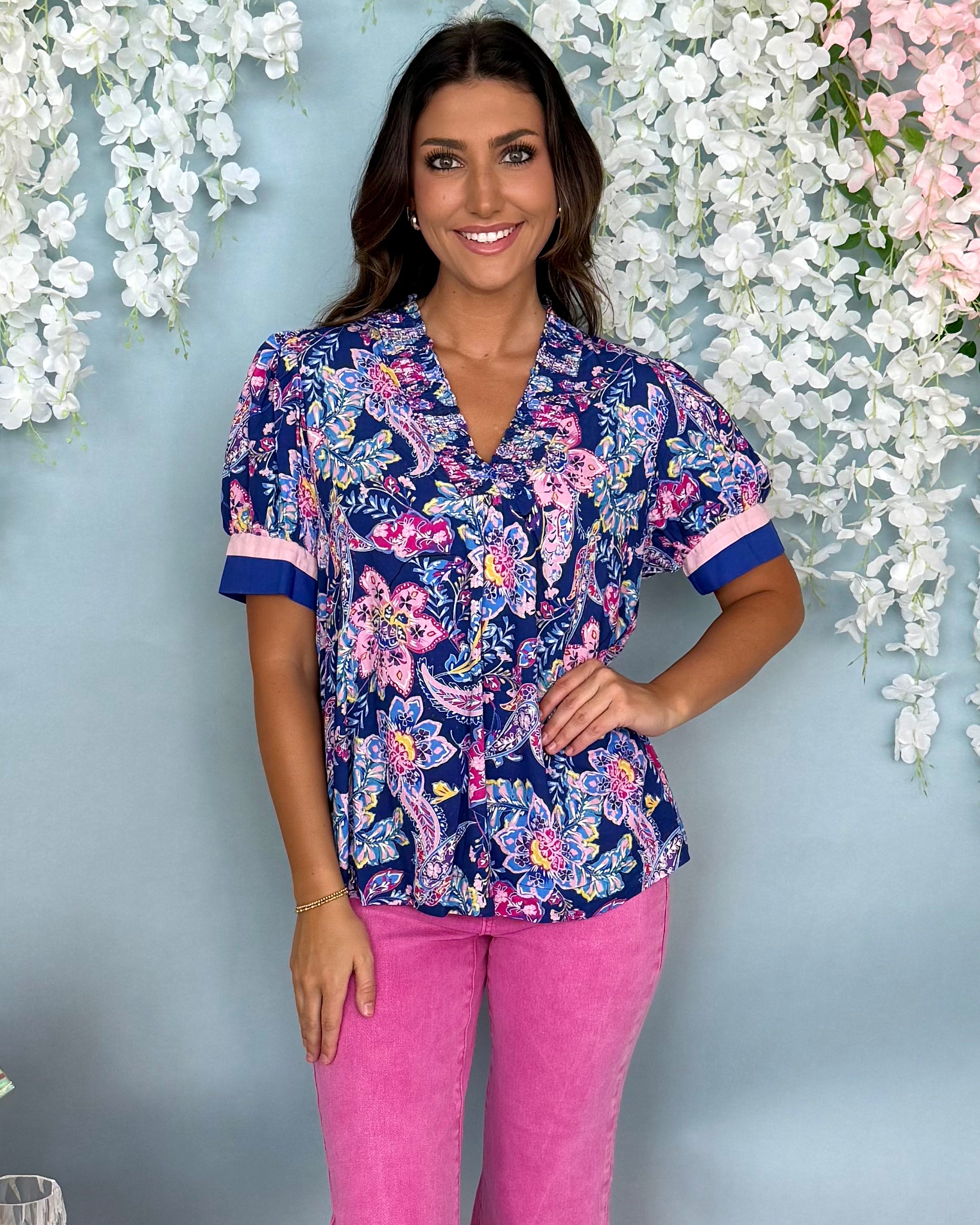 Dazed and Confused Navy Mix Paisley Smocked Top-Shop-Womens-Boutique-Clothing