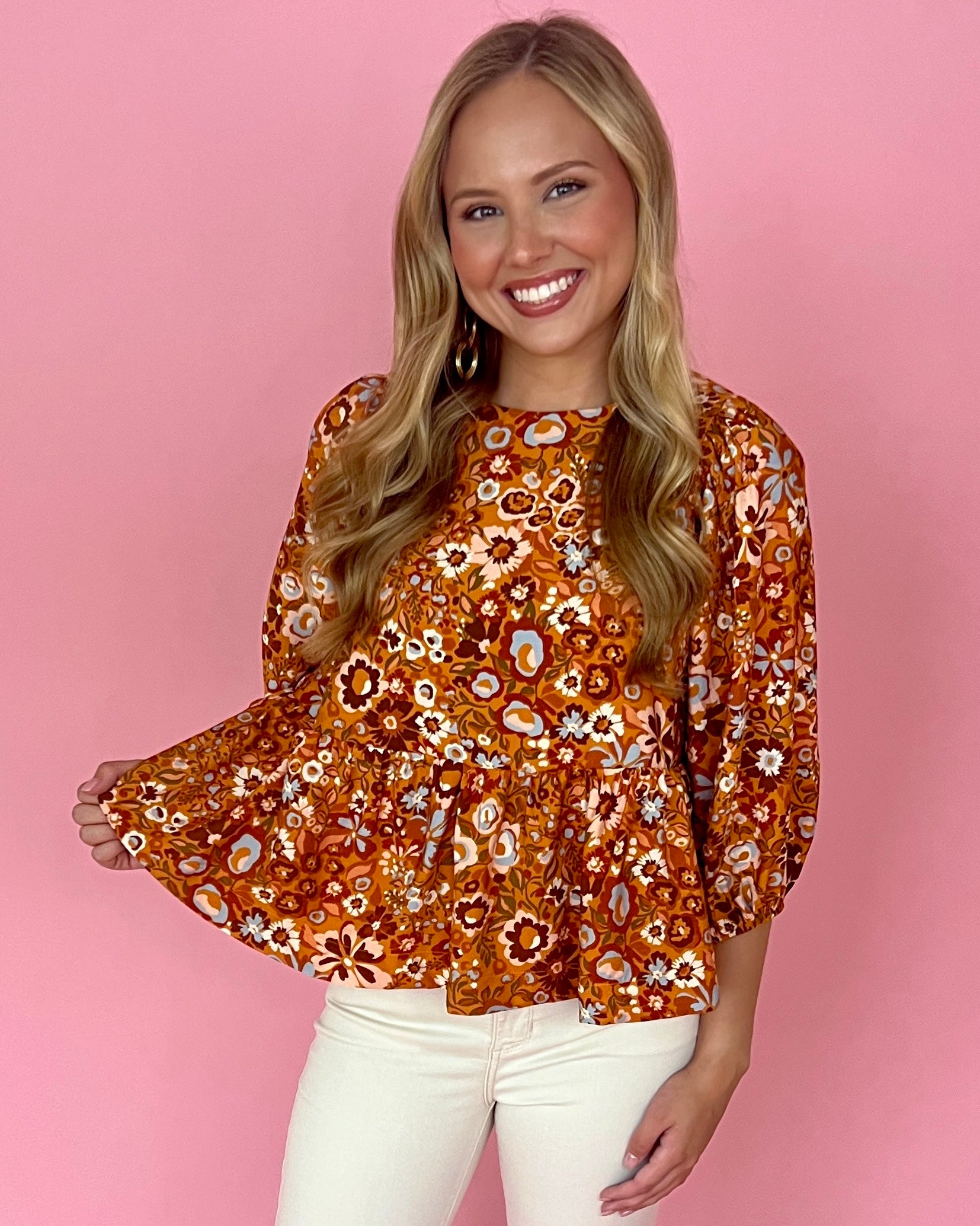 Need You Back Caramel Floral Bubble Sleeve Top-Shop-Womens-Boutique-Clothing