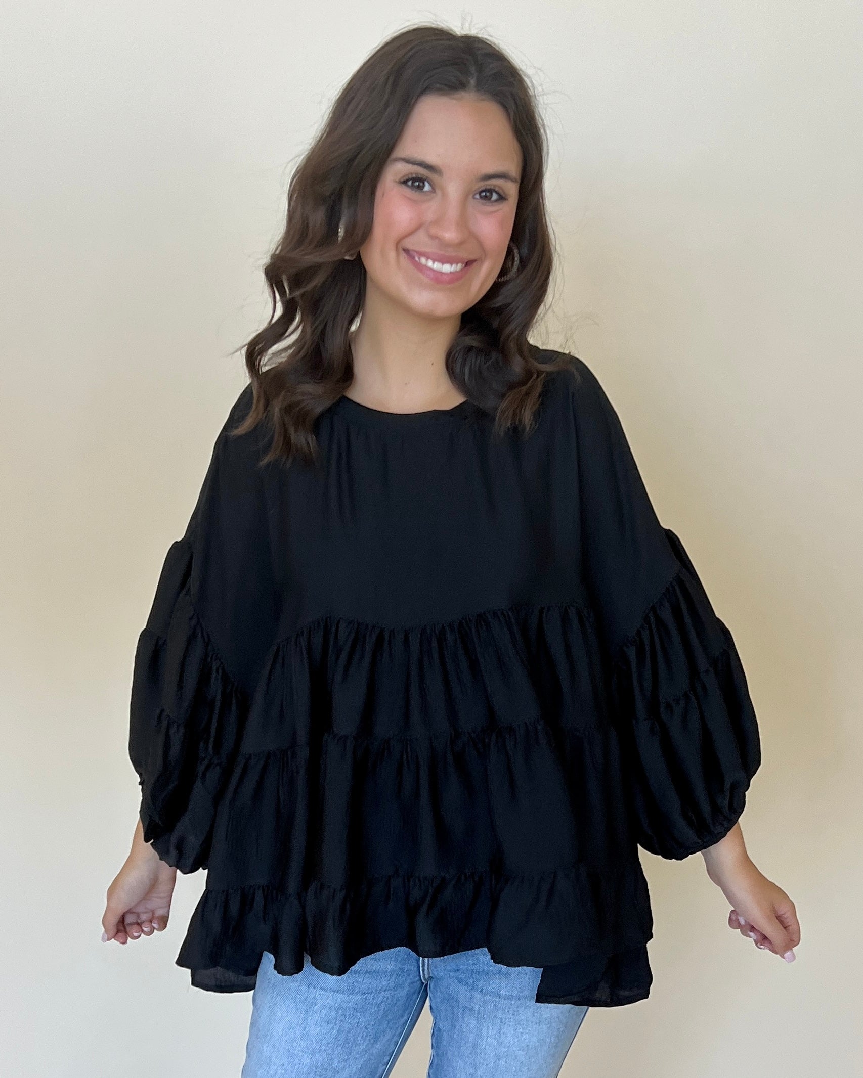 Breezy Times Black Satin Tiered Top-Shop-Womens-Boutique-Clothing