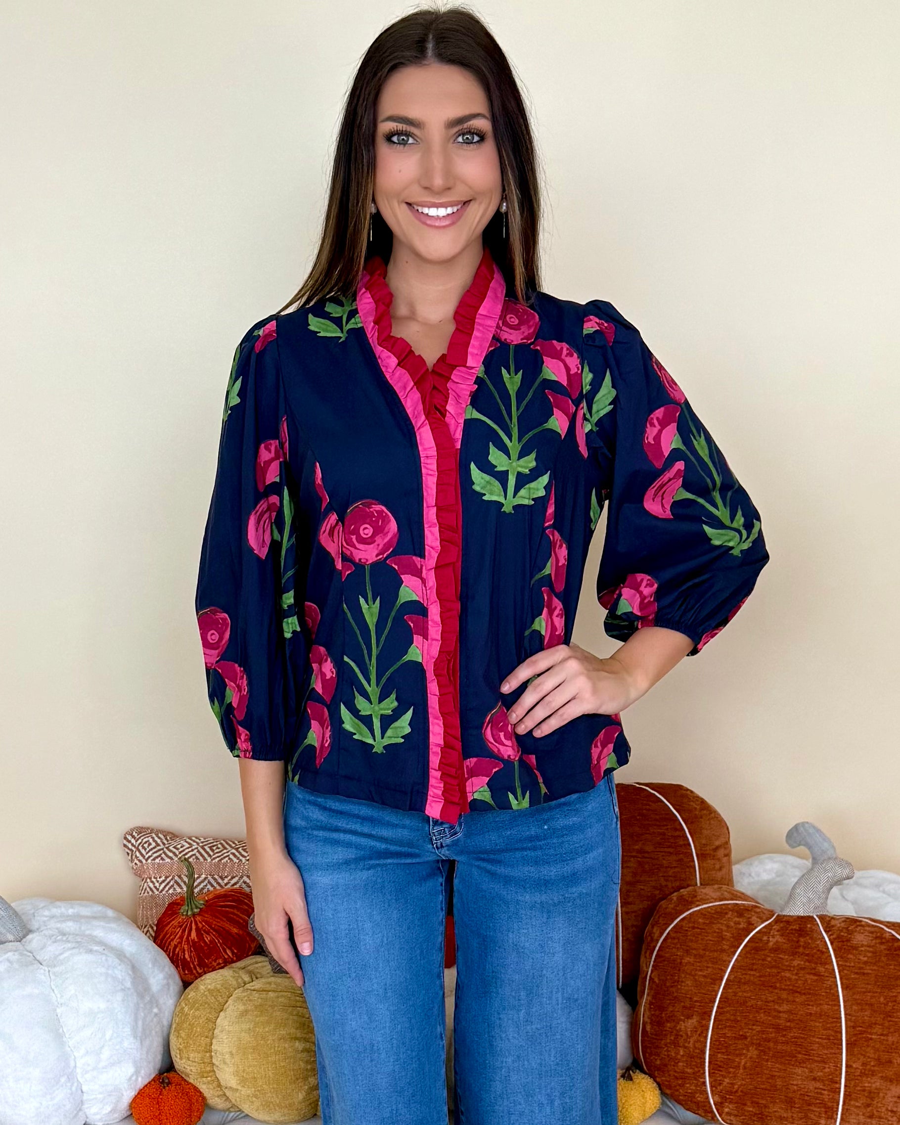 Love To Find Navy Mix Floral Ruffle Top-Shop-Womens-Boutique-Clothing