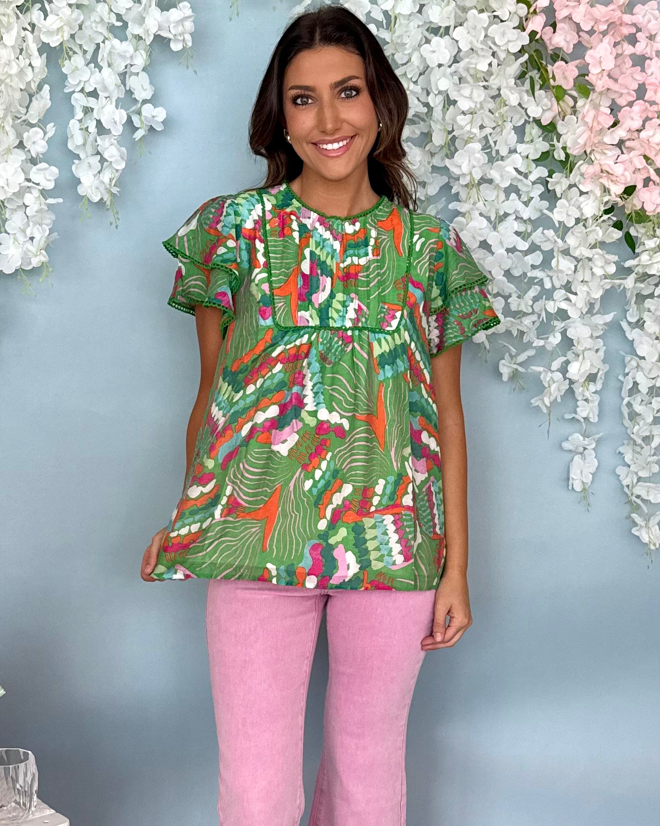 Beautiful Day Green Mix Ruffle Sleeve Top-Shop-Womens-Boutique-Clothing
