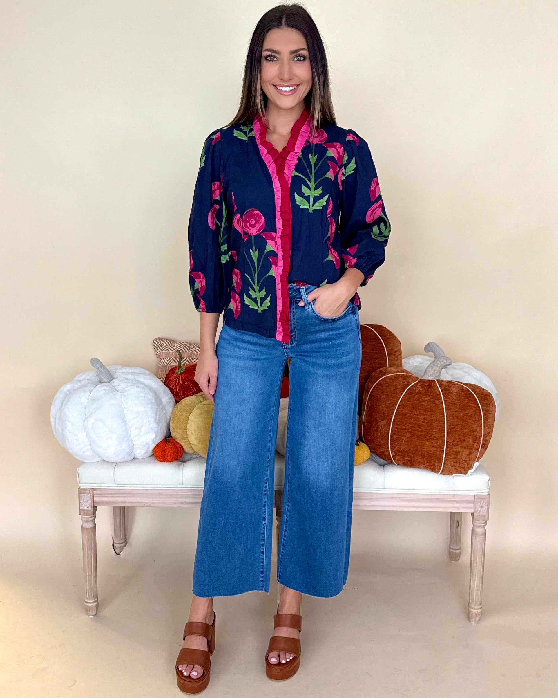 Love To Find Navy Mix Floral Ruffle Top-Shop-Womens-Boutique-Clothing