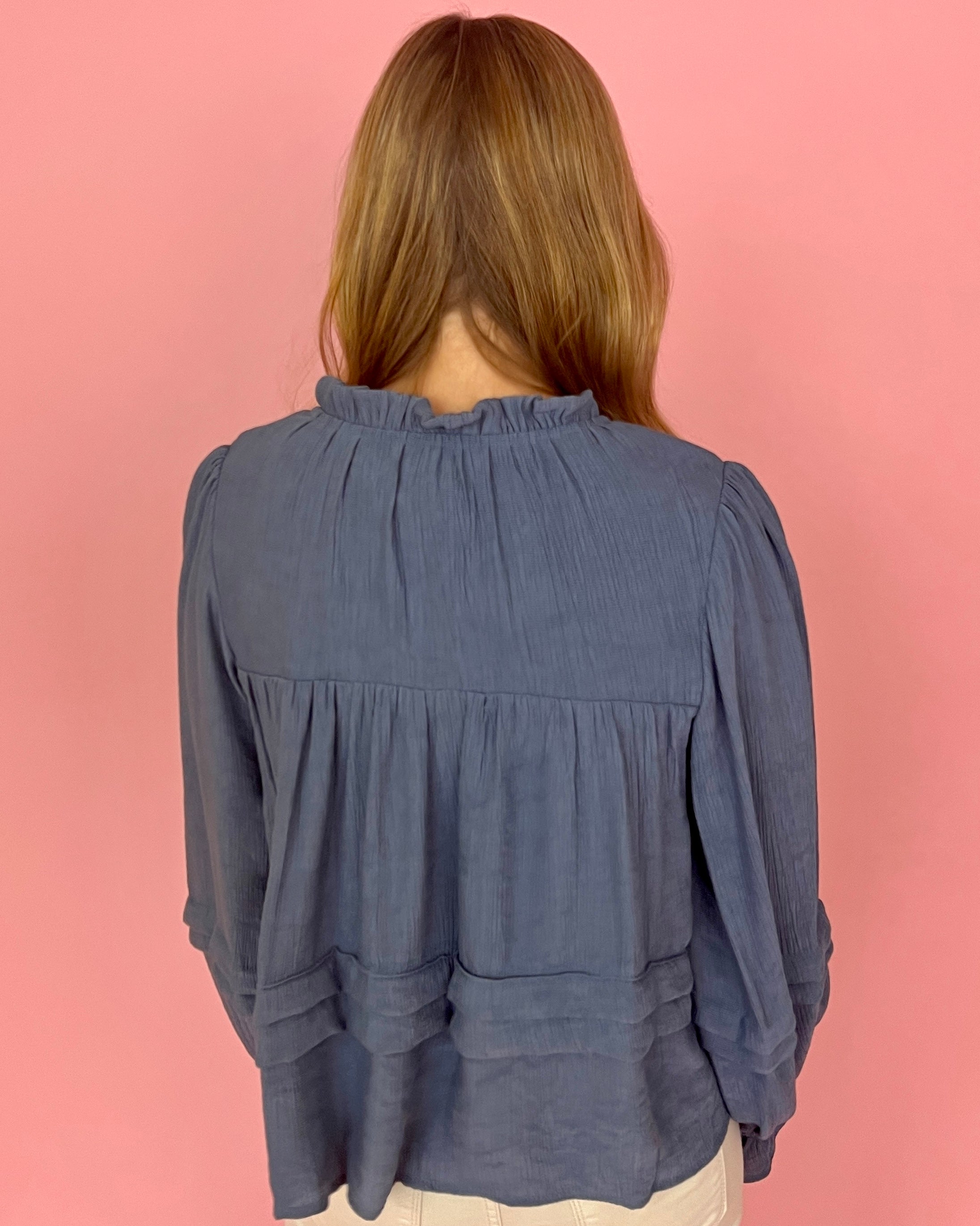At My Best Dark Blue Split Neck Ruffle Top-Shop-Womens-Boutique-Clothing