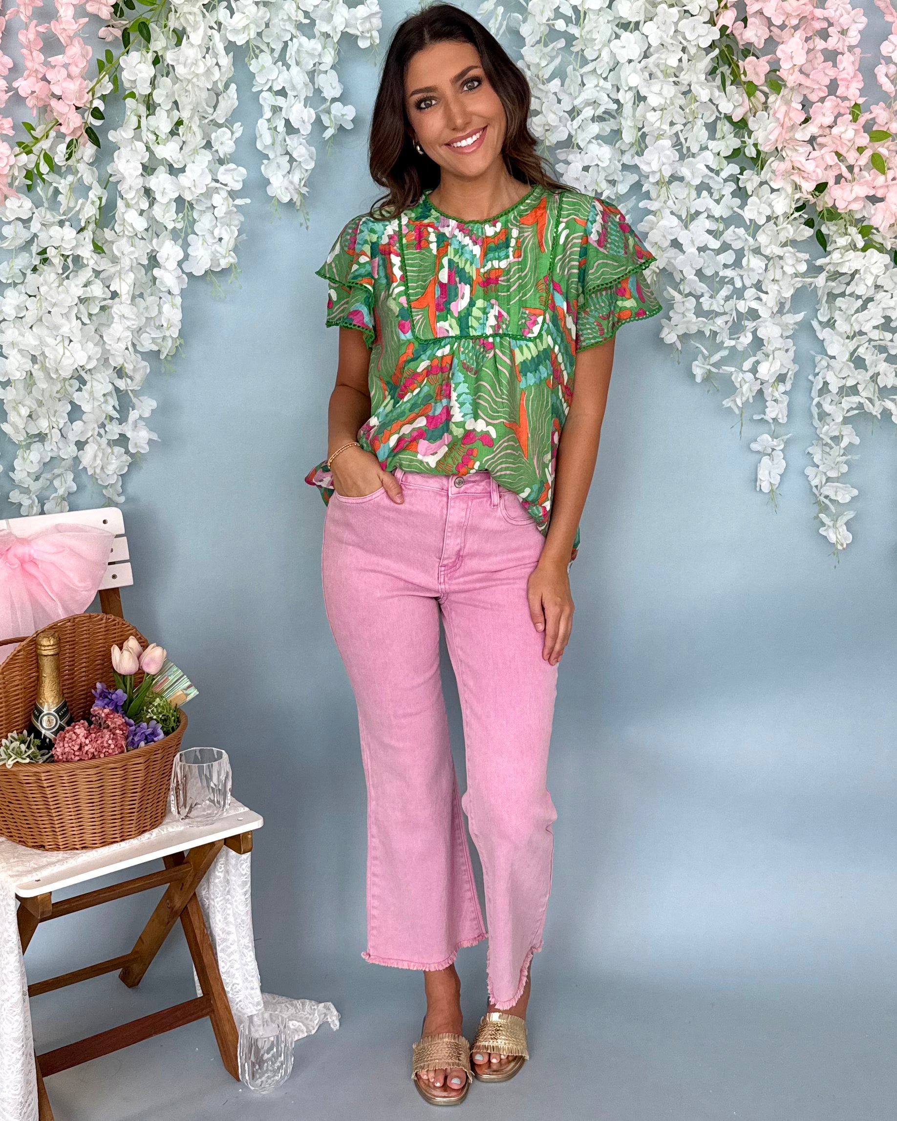 Beautiful Day Green Mix Ruffle Sleeve Top-Shop-Womens-Boutique-Clothing