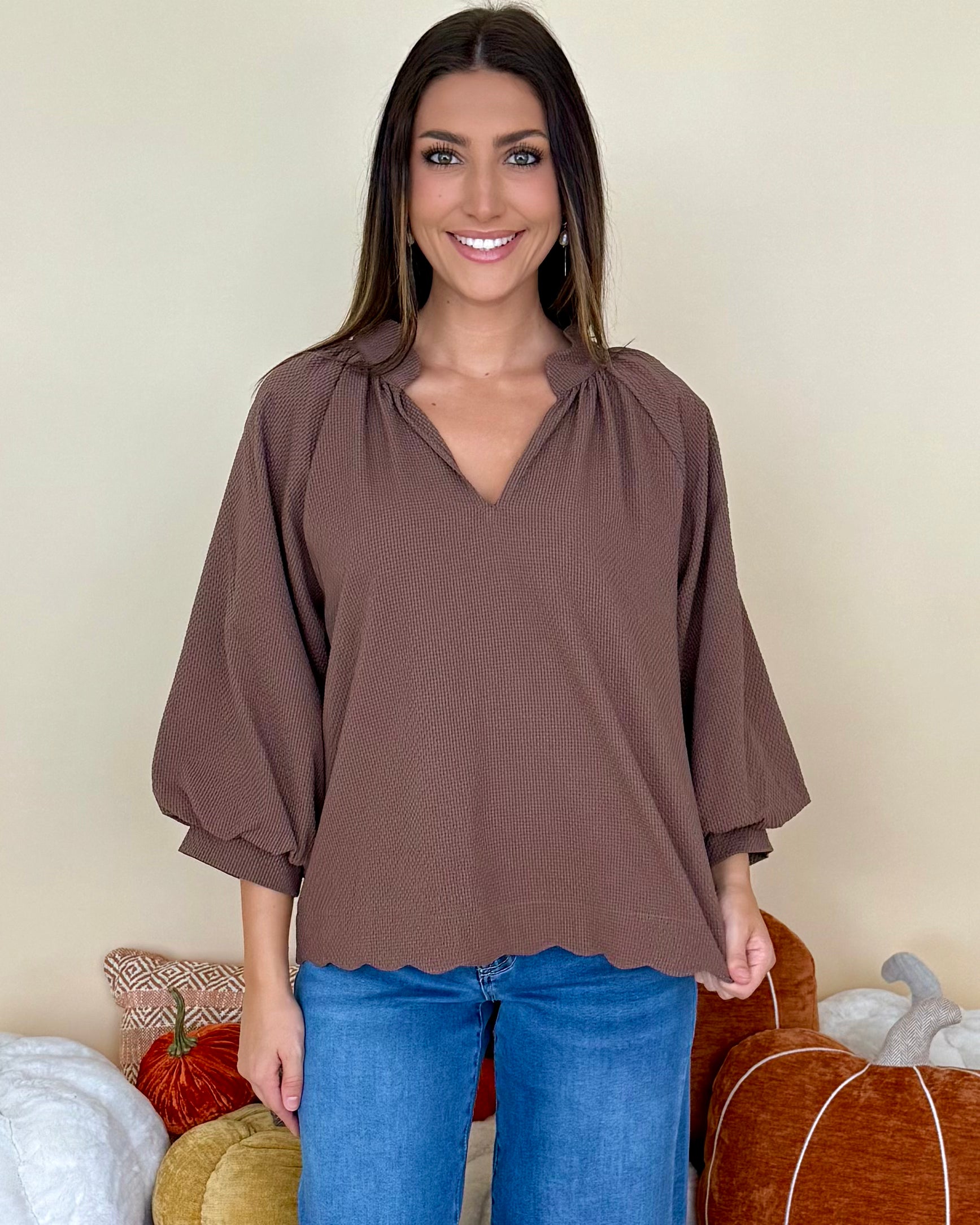As It Is Chocolate Textured 3/4 Sleeve Top-Shop-Womens-Boutique-Clothing
