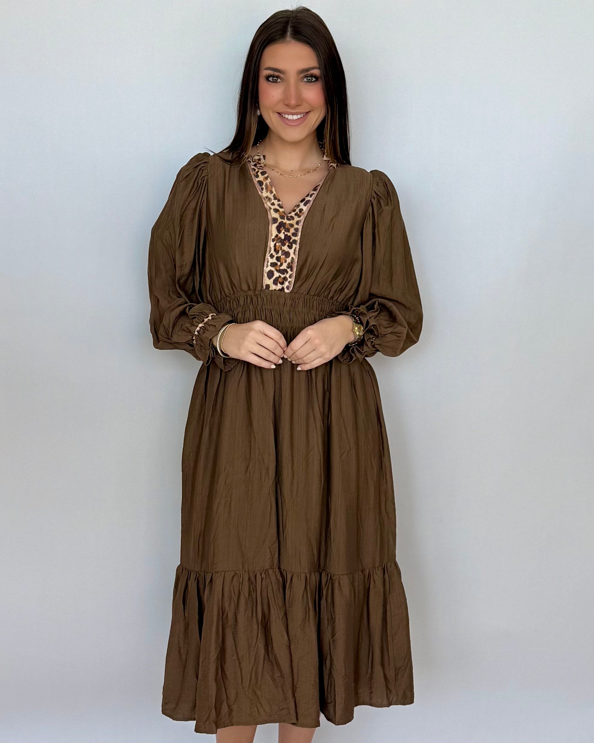 Don't Doubt Brown Ruffle Midi Dress-Shop-Womens-Boutique-Clothing
