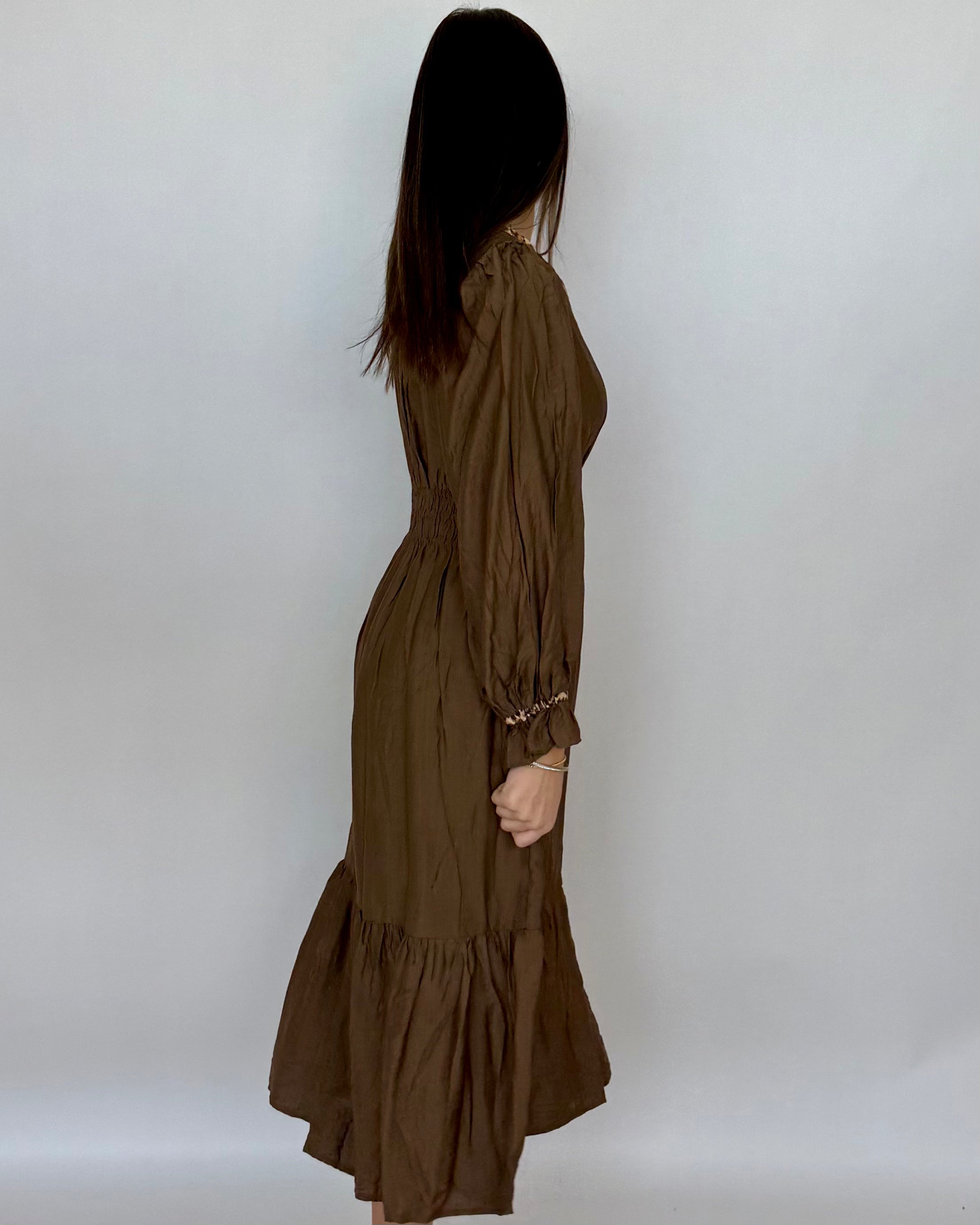 Don't Doubt Brown Ruffle Midi Dress-Shop-Womens-Boutique-Clothing