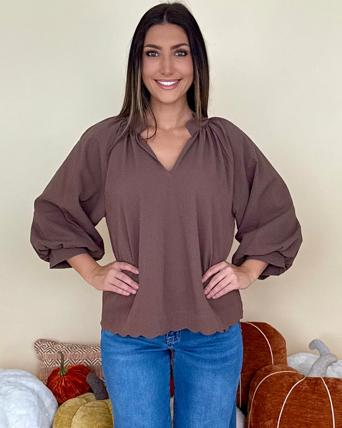 As It Is Chocolate Textured 3/4 Sleeve Top-Shop-Womens-Boutique-Clothing