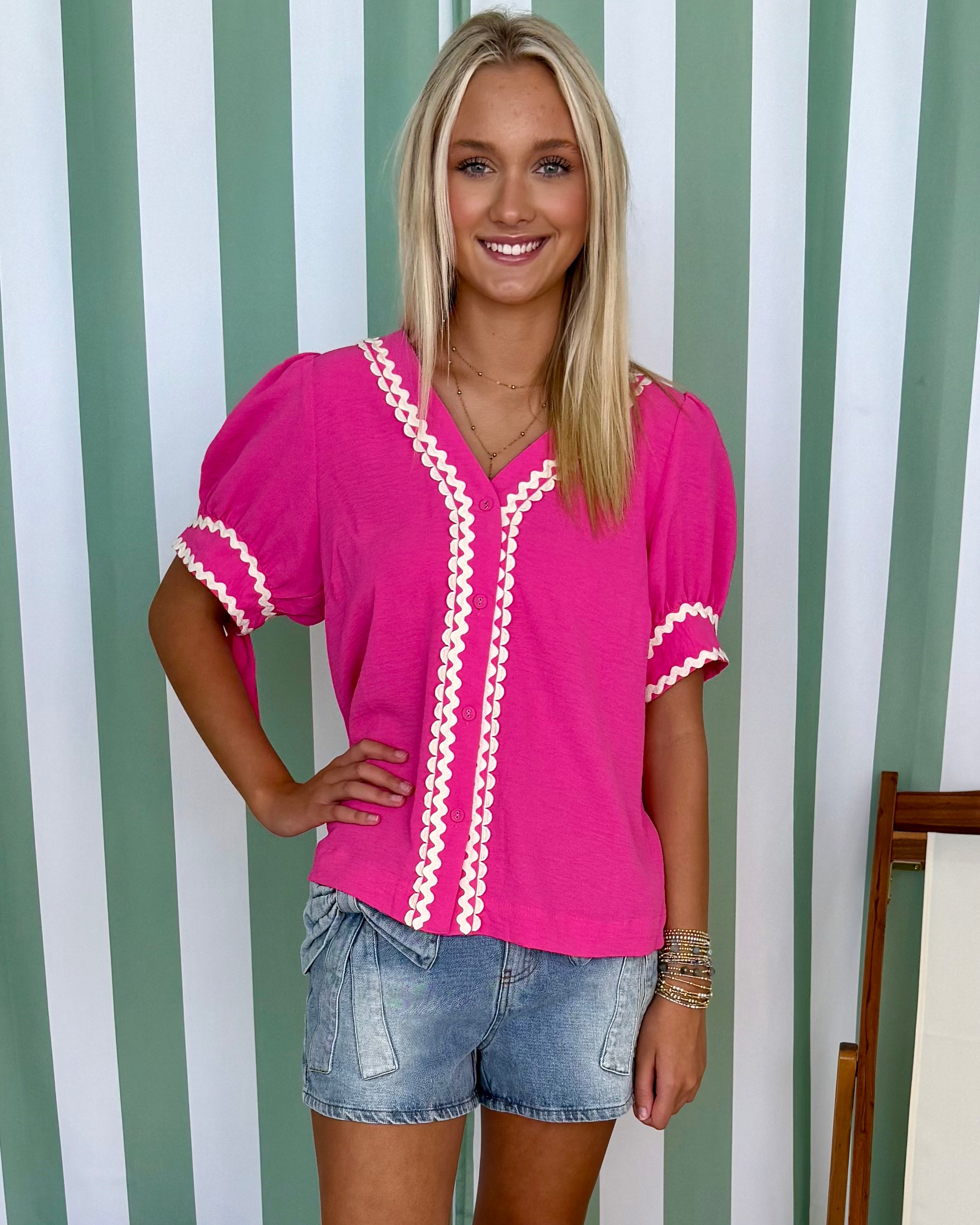 Of Style Hot Pink Ric Rac Top-Shop-Womens-Boutique-Clothing