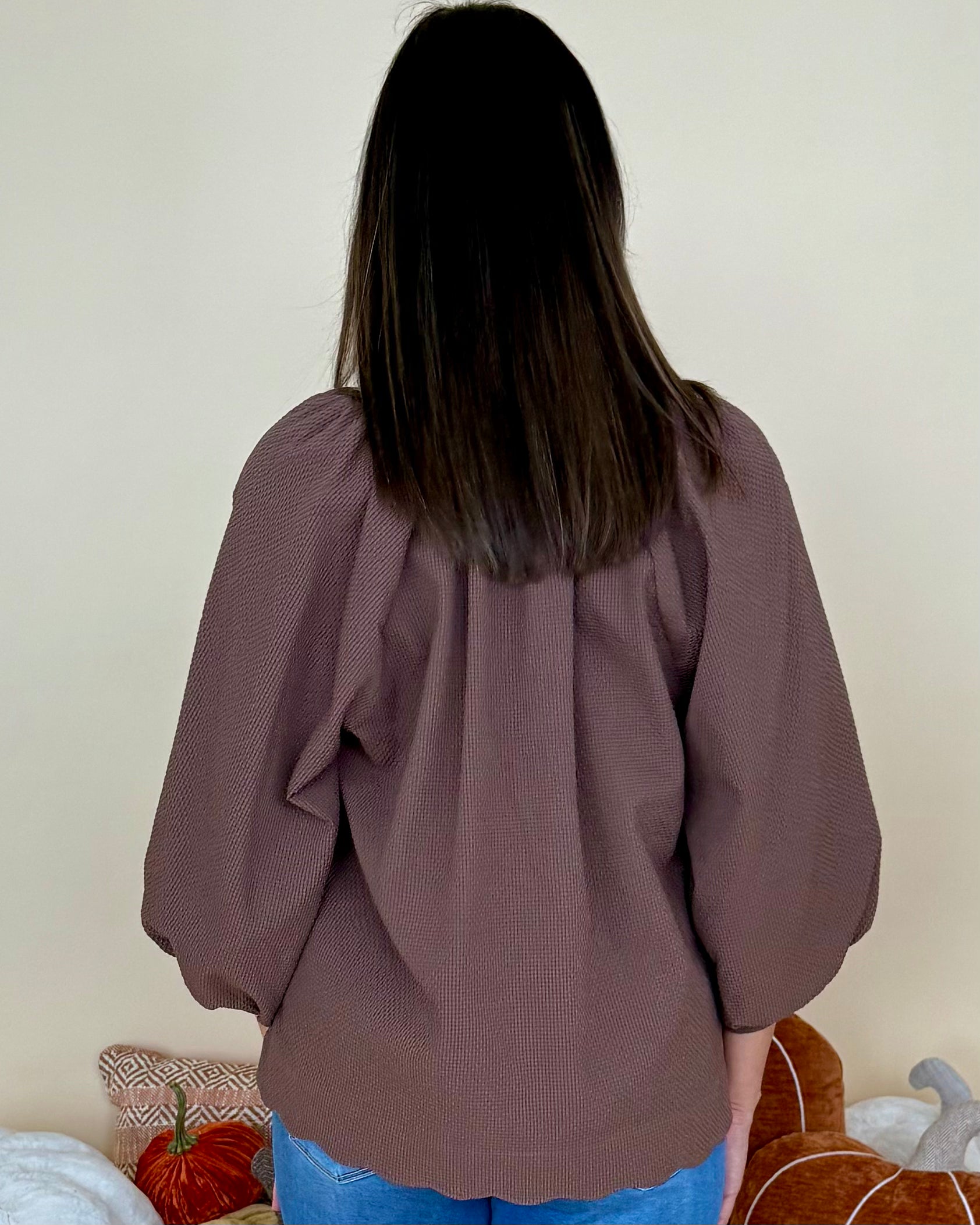 As It Is Chocolate Textured 3/4 Sleeve Top-Shop-Womens-Boutique-Clothing