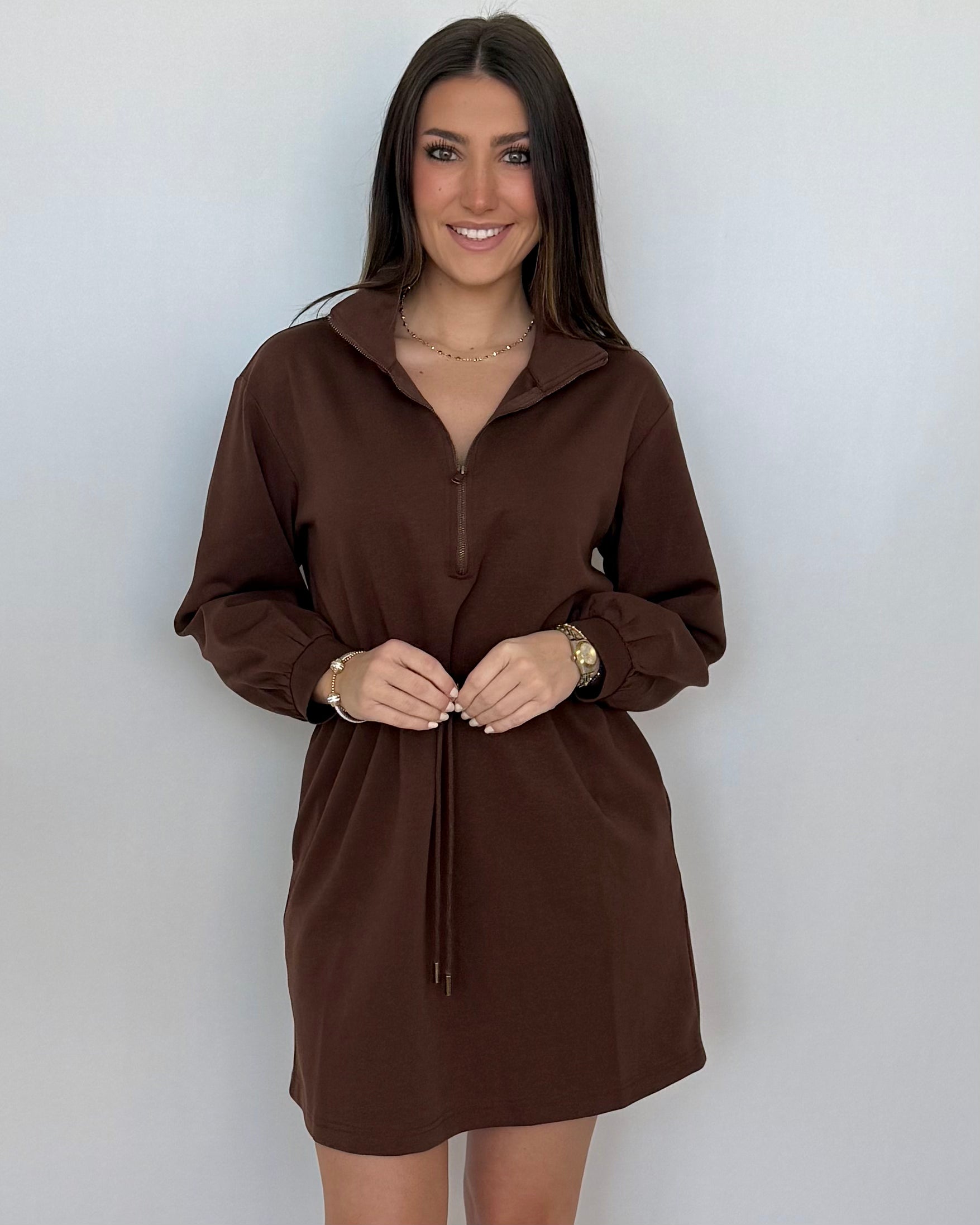 Let You Win Coffee Zip Drawstring Dress-Shop-Womens-Boutique-Clothing