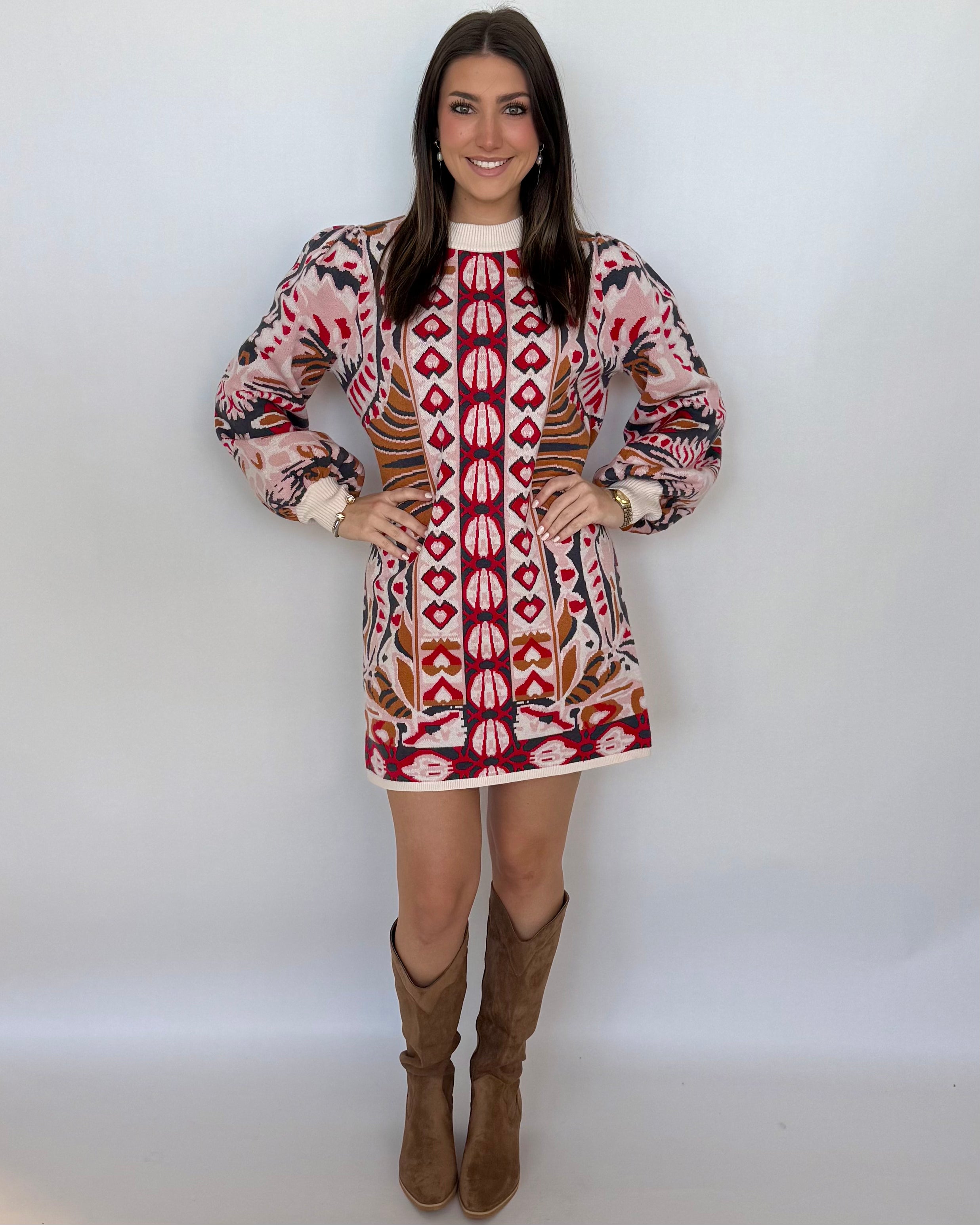 Mulberry Kiss Beige Floral Jacquard Knit Dress-Shop-Womens-Boutique-Clothing