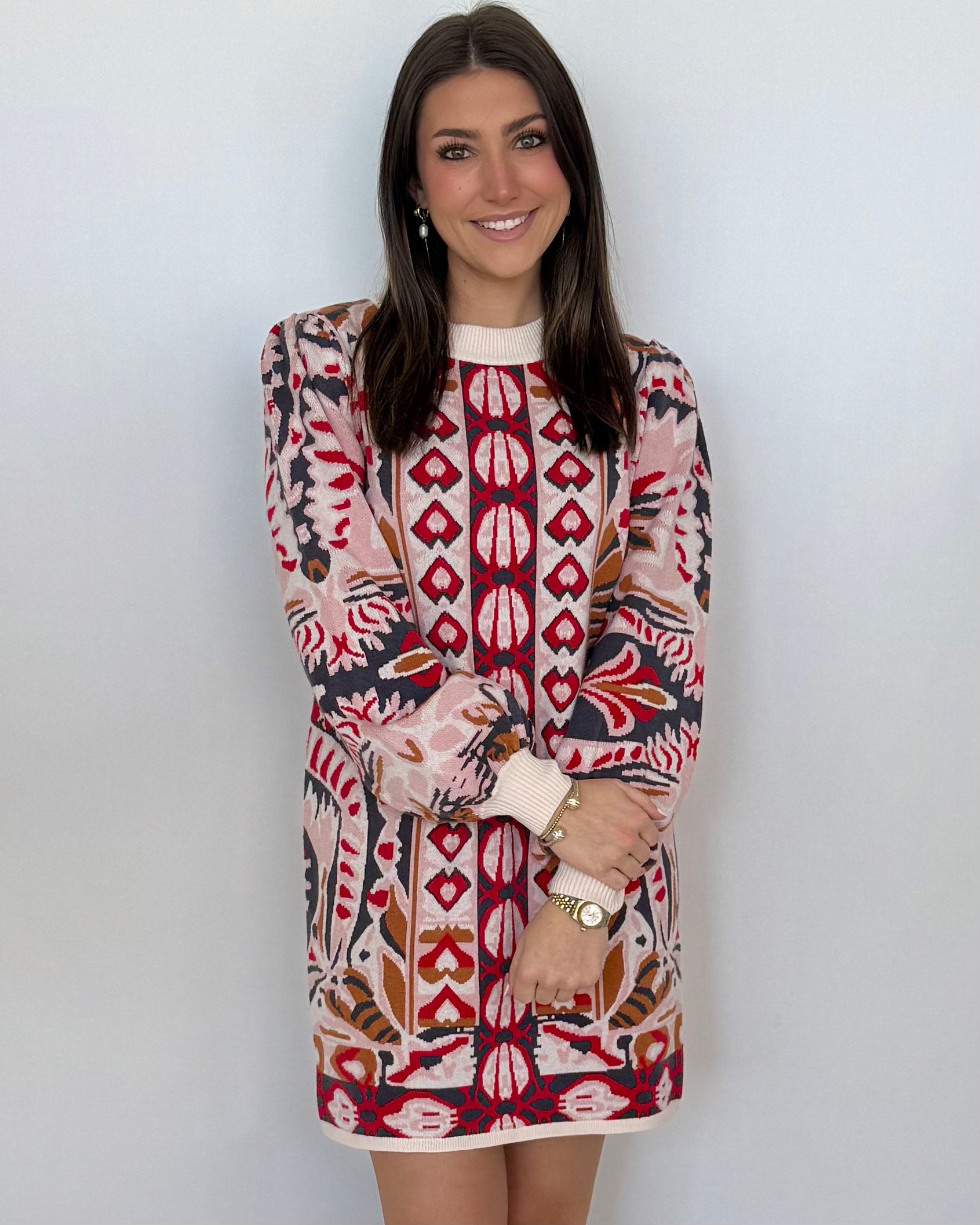 Mulberry Kiss Beige Floral Jacquard Knit Dress-Shop-Womens-Boutique-Clothing