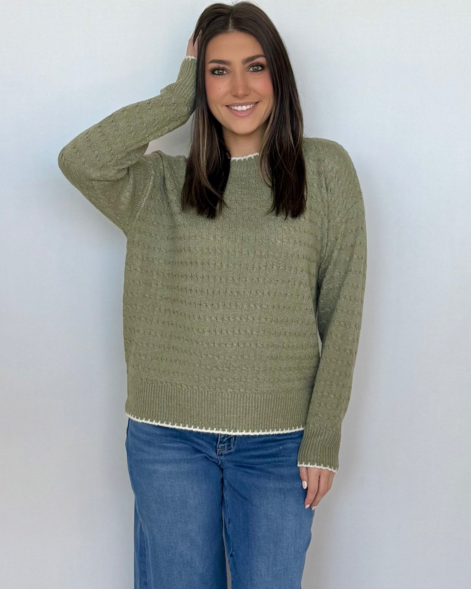 Doing My Best Lt Olive Stitched Cable Sweater-Shop-Womens-Boutique-Clothing