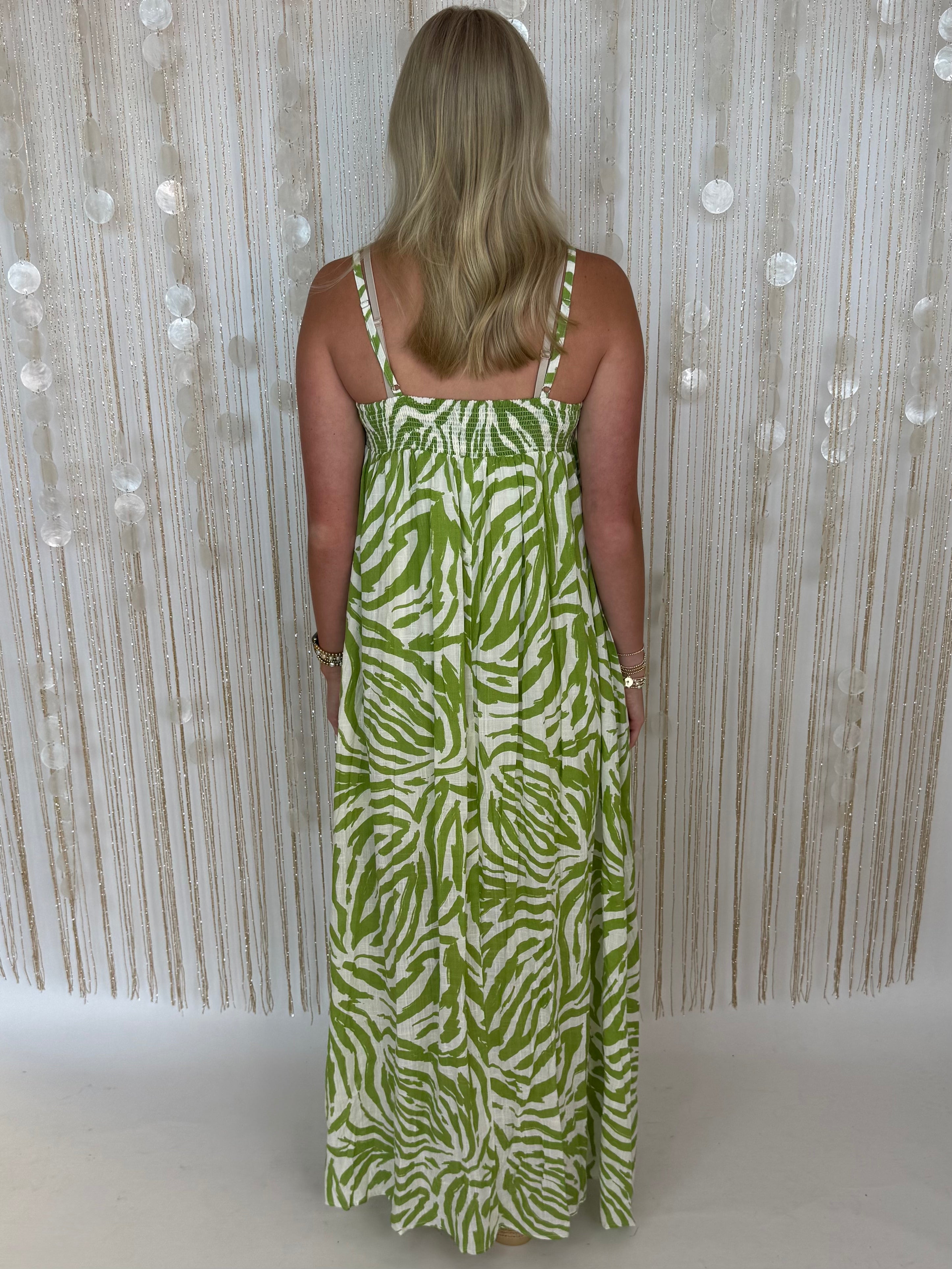 Bright Side Matcha Zebra Print Smocked Midi Dress-Shop-Womens-Boutique-Clothing