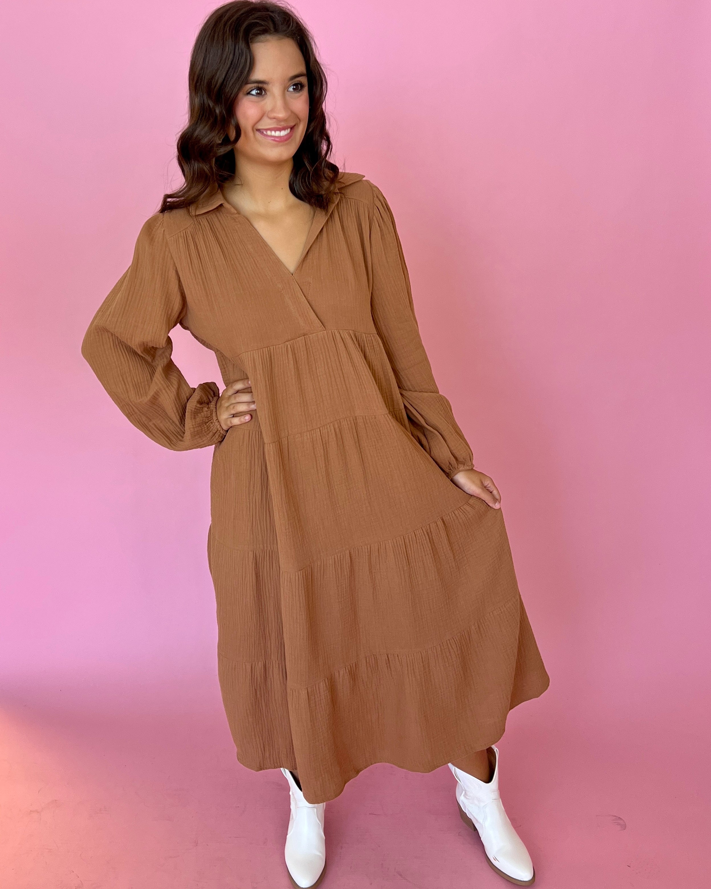 Beautifully You Pecan Gauze Texture Collared Tiered Midi Dress-Shop-Womens-Boutique-Clothing