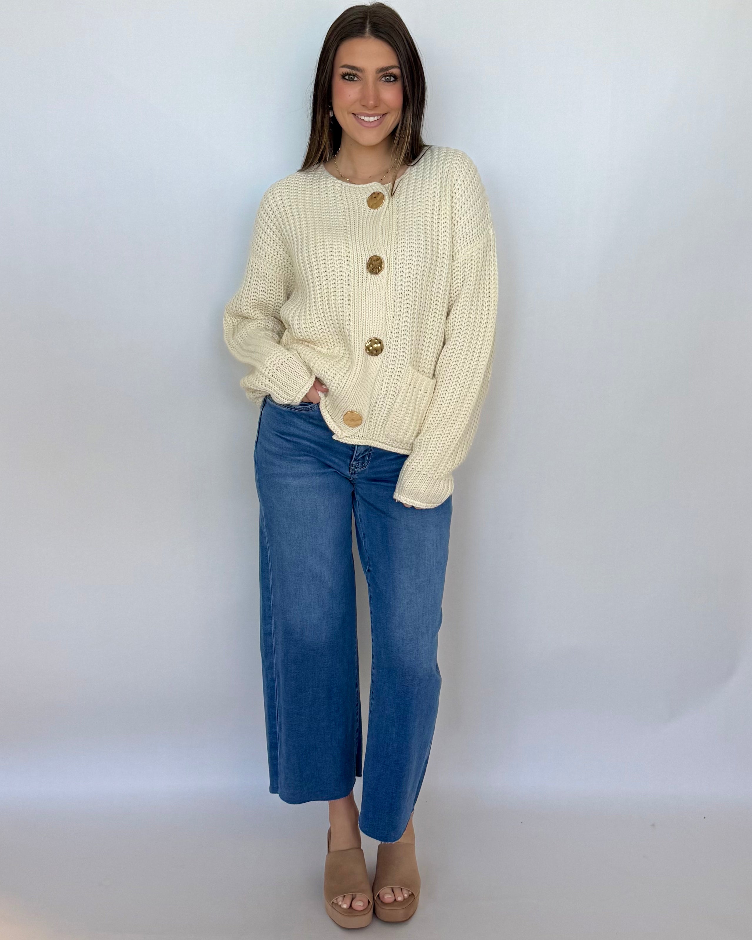 One Love Cream Gold Button Sweater Cardigan-Shop-Womens-Boutique-Clothing