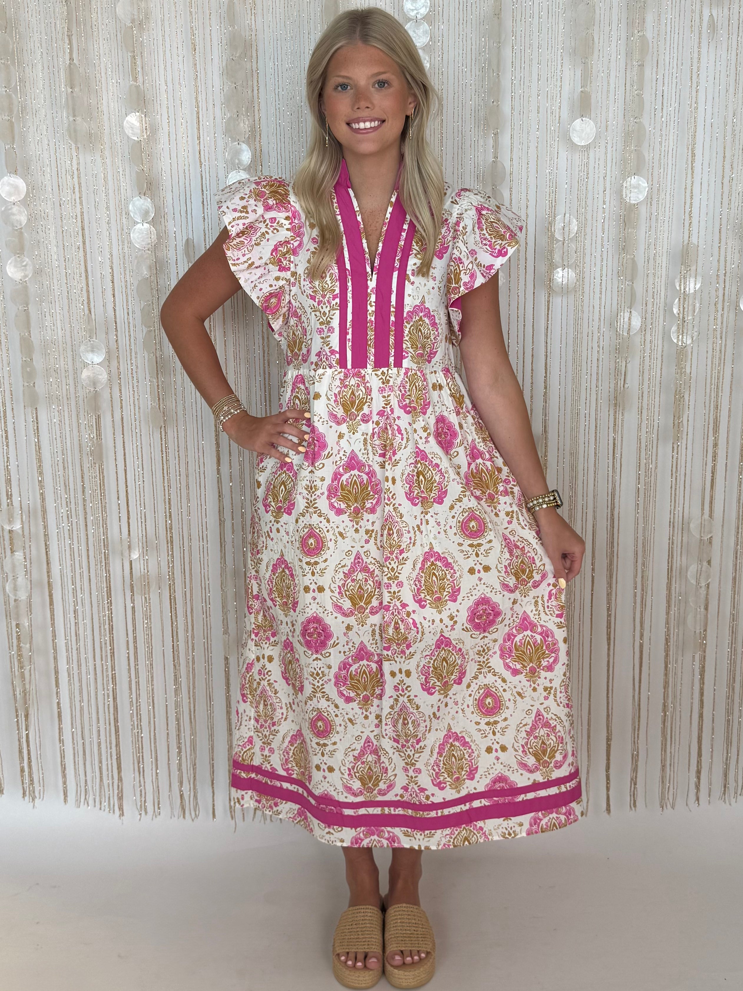 Brightly You Pink Botanical Flutter Midi Dress-Shop-Womens-Boutique-Clothing