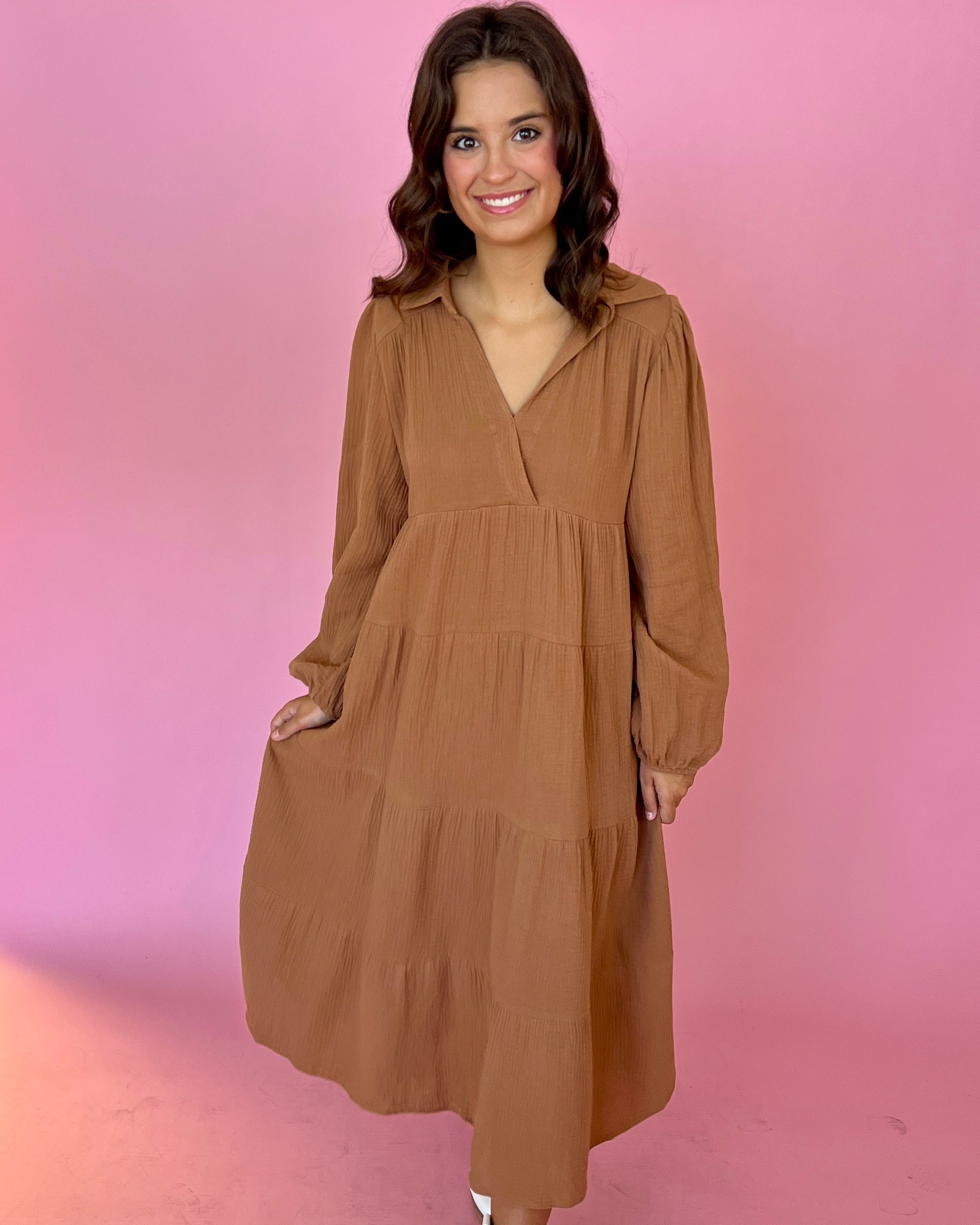 Beautifully You Pecan Gauze Texture Collared Tiered Midi Dress-Shop-Womens-Boutique-Clothing
