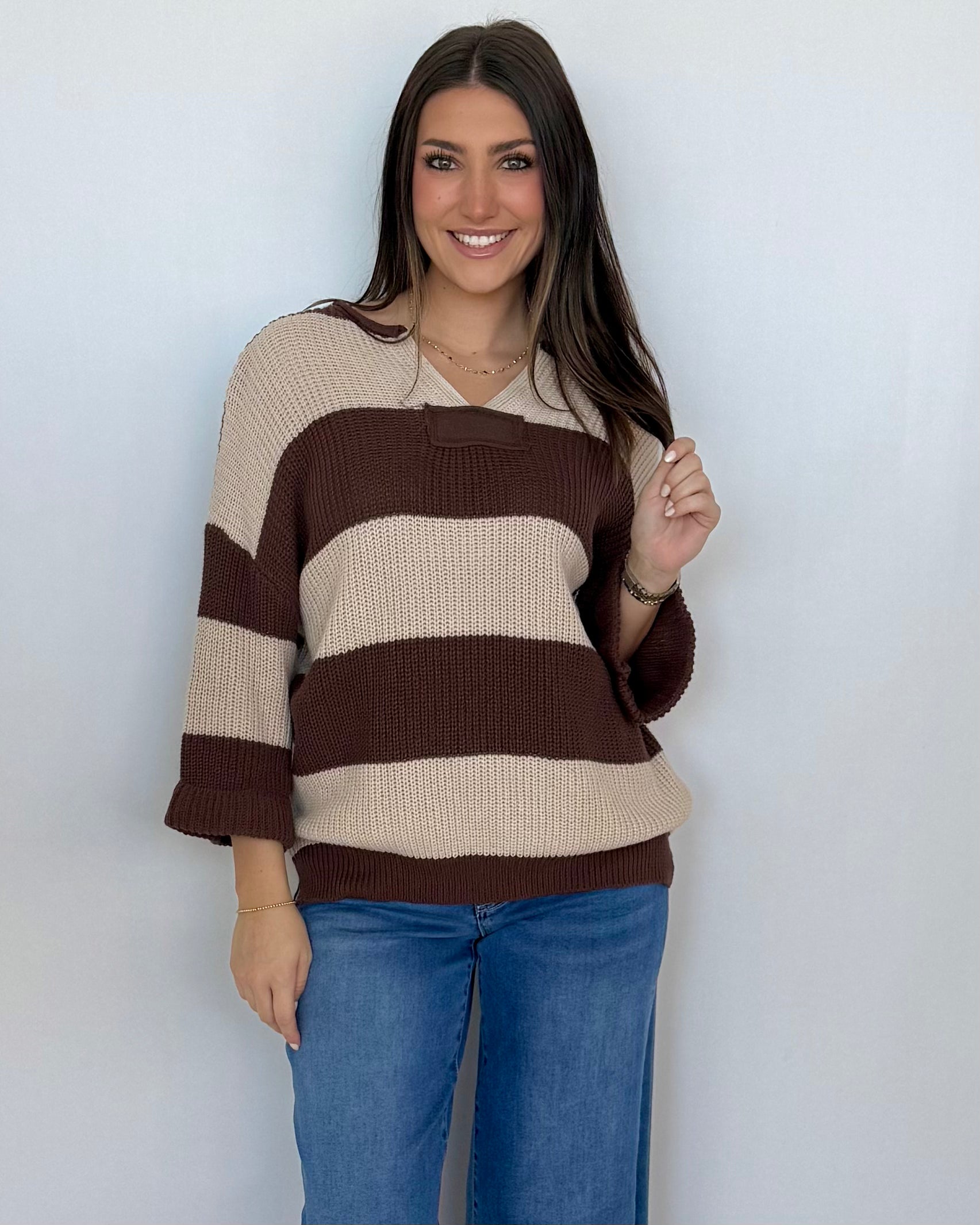 Thinking It Brown V-Neck Striped Sweater-Shop-Womens-Boutique-Clothing