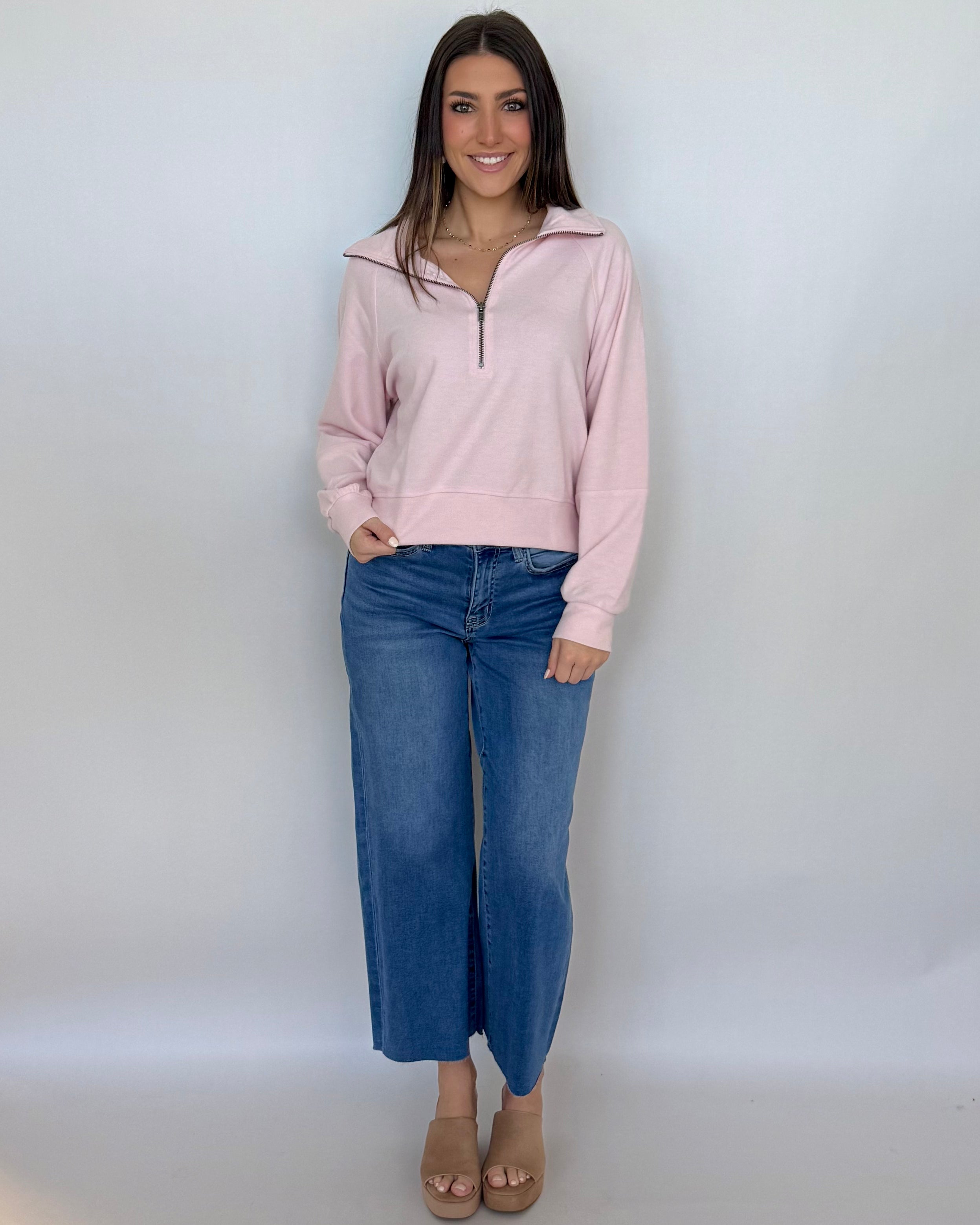 Kindly Yours Soft Pink Half Zip Sweatshirt-Shop-Womens-Boutique-Clothing