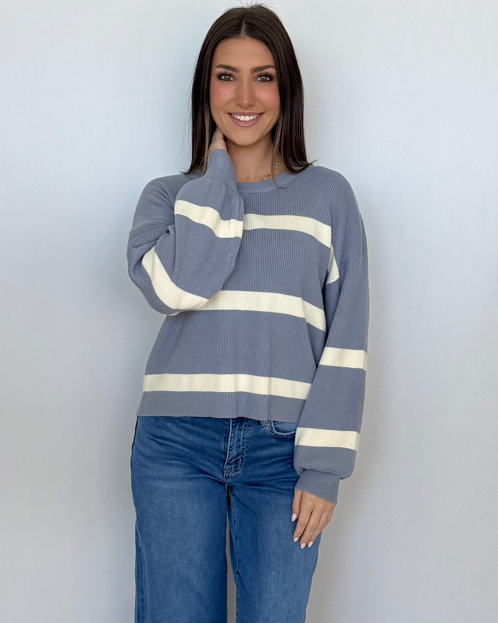 Frosty Day Dusty Blue/Ivory Striped Sweater-Shop-Womens-Boutique-Clothing