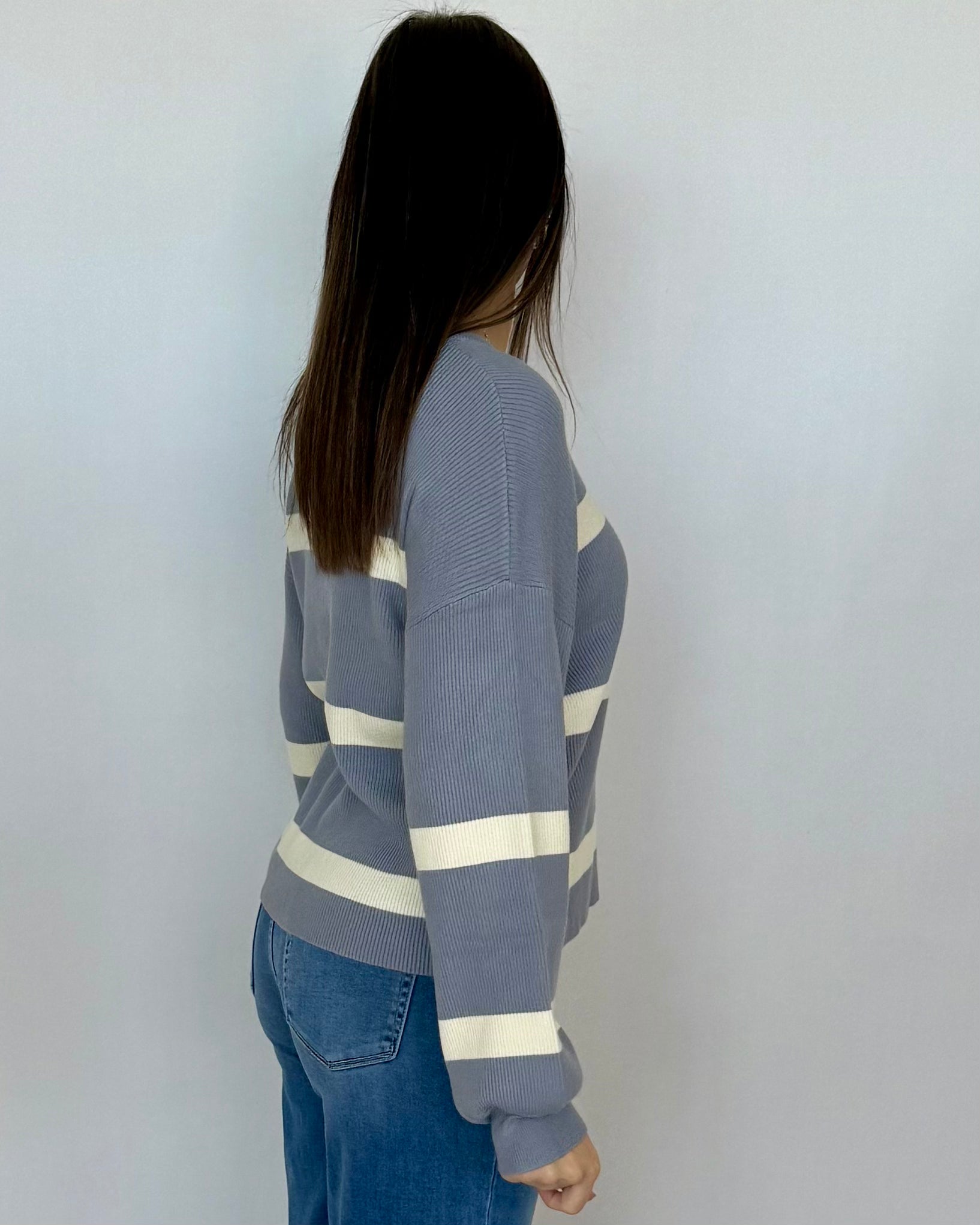 Frosty Day Dusty Blue/Ivory Striped Sweater-Shop-Womens-Boutique-Clothing