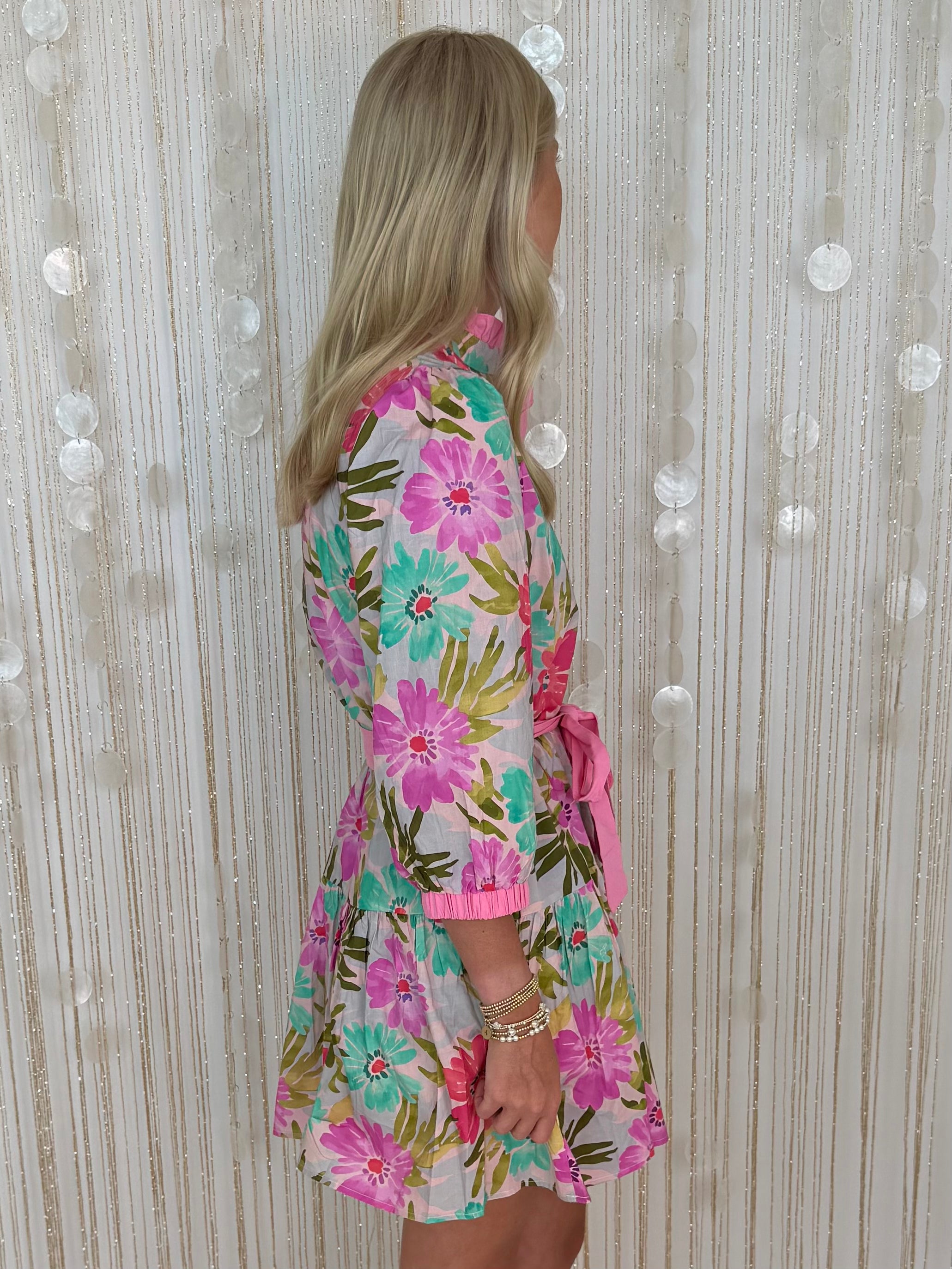 Day Maker Pink Mix Floral 3/4 Sleeve Dress-Shop-Womens-Boutique-Clothing