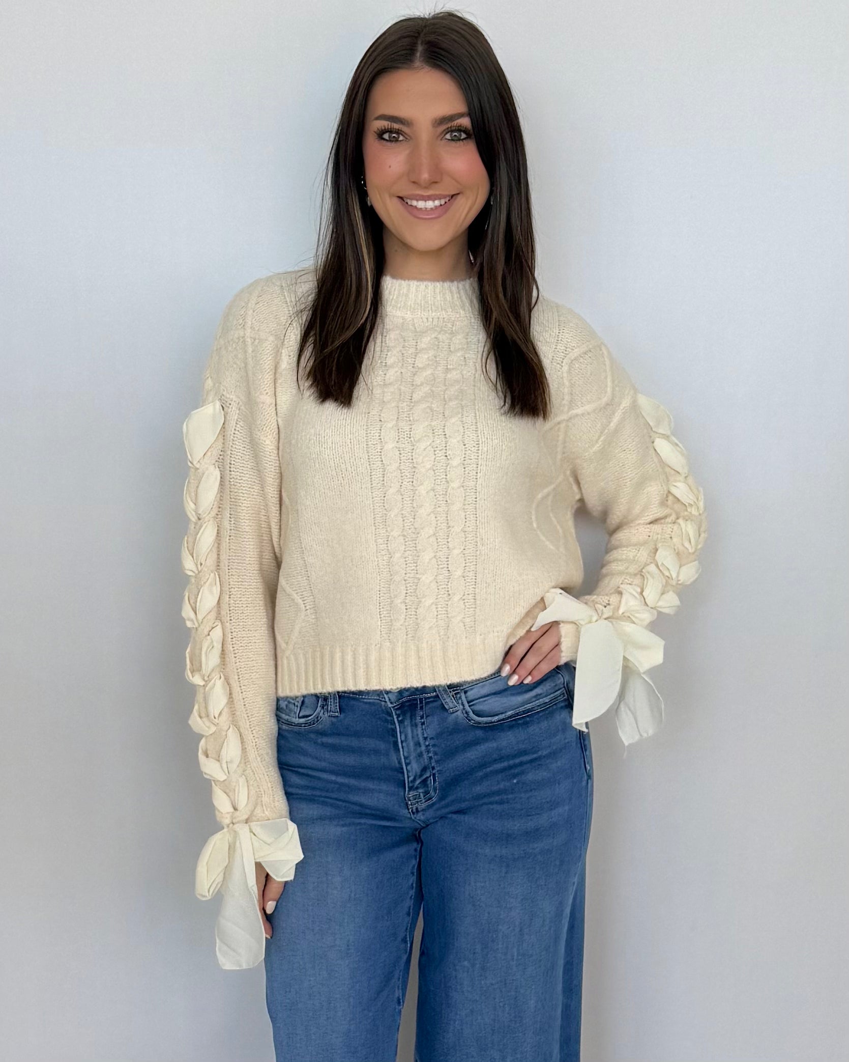 Taking Chances Oatmeal Ribbon Bow Sleeve Sweater-Shop-Womens-Boutique-Clothing