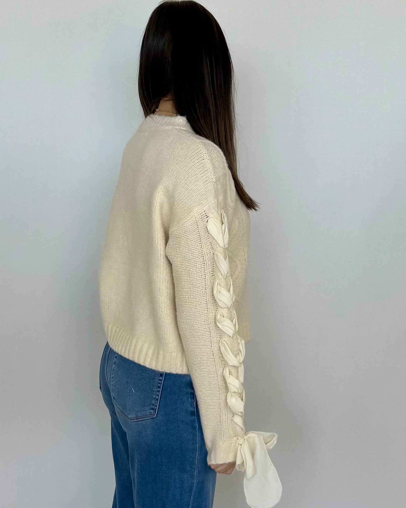 Taking Chances Oatmeal Ribbon Bow Sleeve Sweater-Shop-Womens-Boutique-Clothing