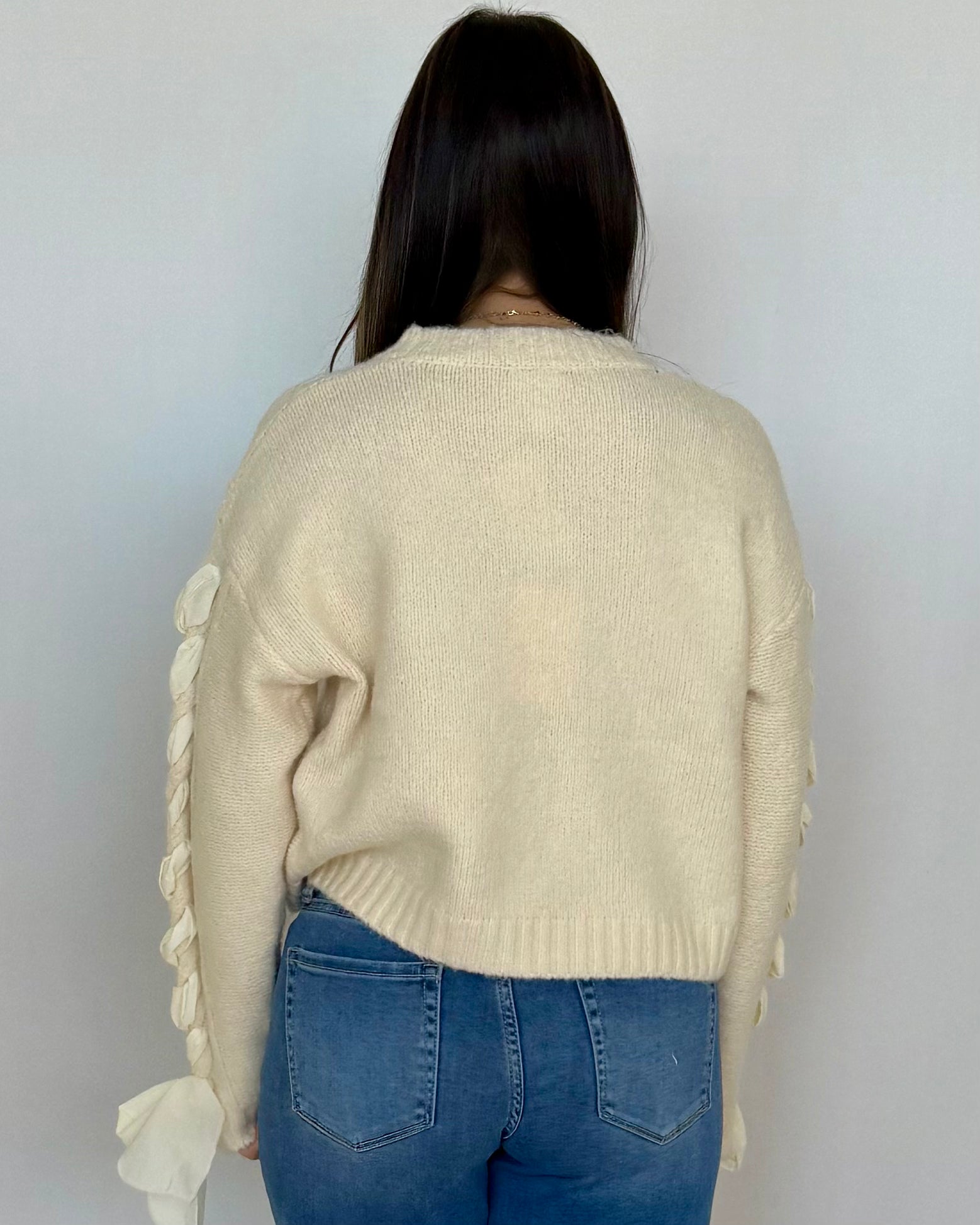 Taking Chances Oatmeal Ribbon Bow Sleeve Sweater-Shop-Womens-Boutique-Clothing